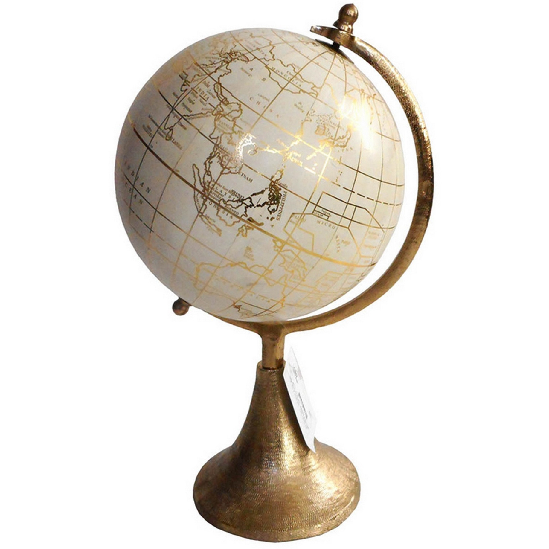 15 Inch Modern Accent Globe, Smooth Turning, White With Gold Aluminum Stand