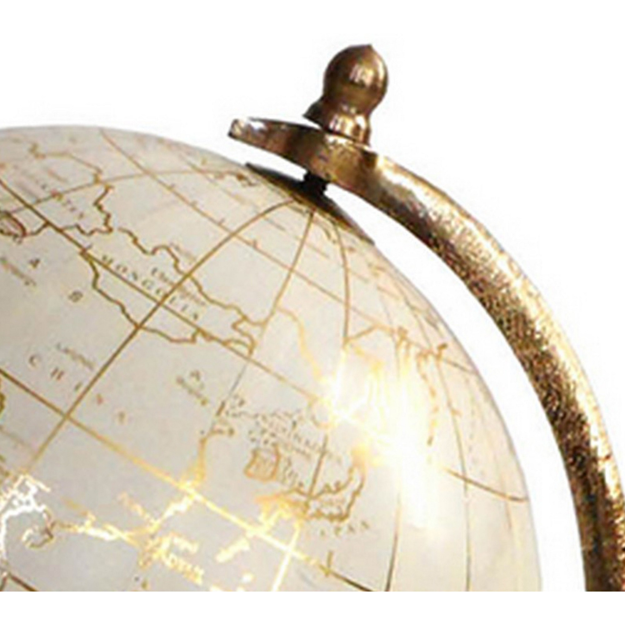 15 Inch Modern Accent Globe, Smooth Turning, White With Gold Aluminum Stand