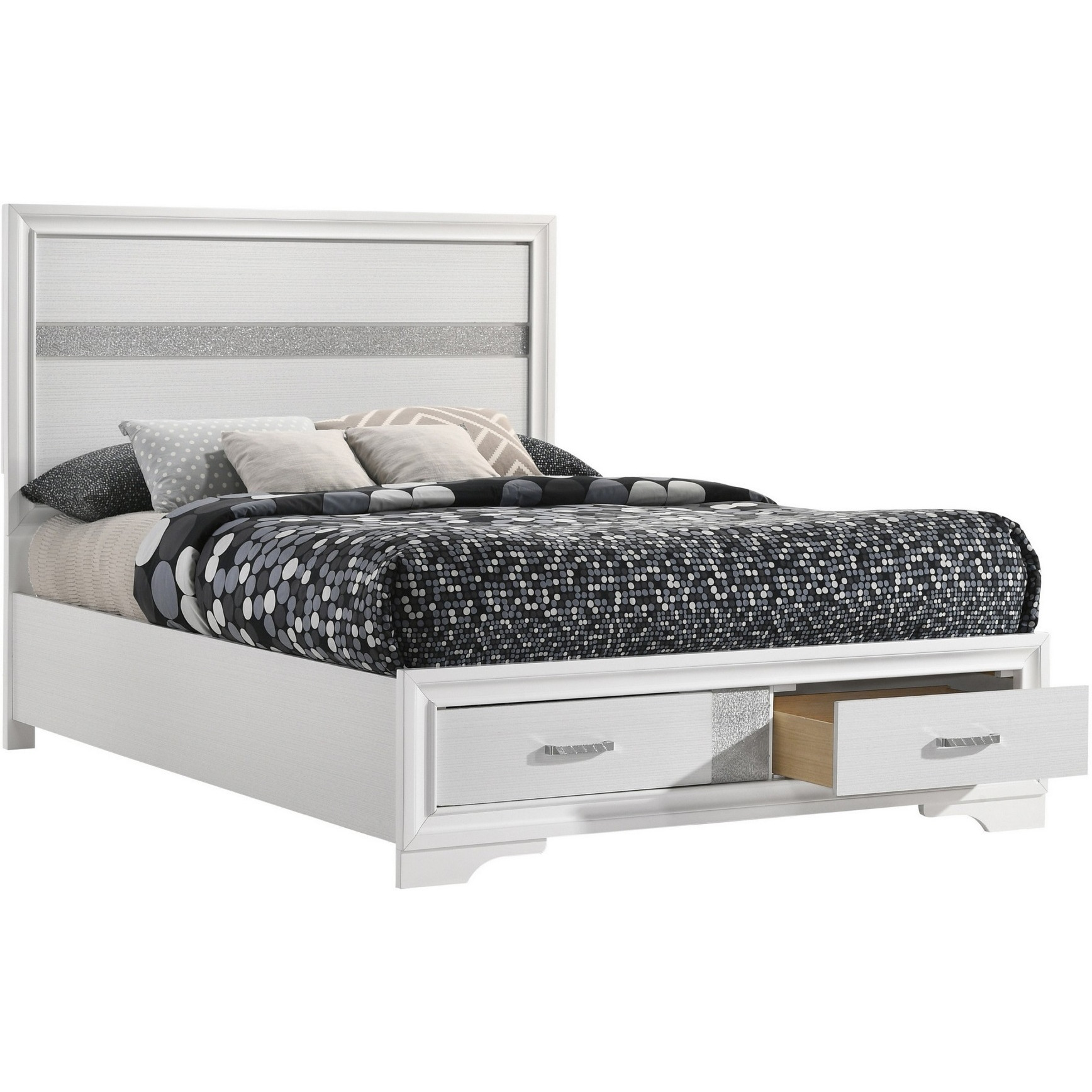 Vino Full Size Panel Bed with 2 Storage Drawers, Acrylic Glitter, White
