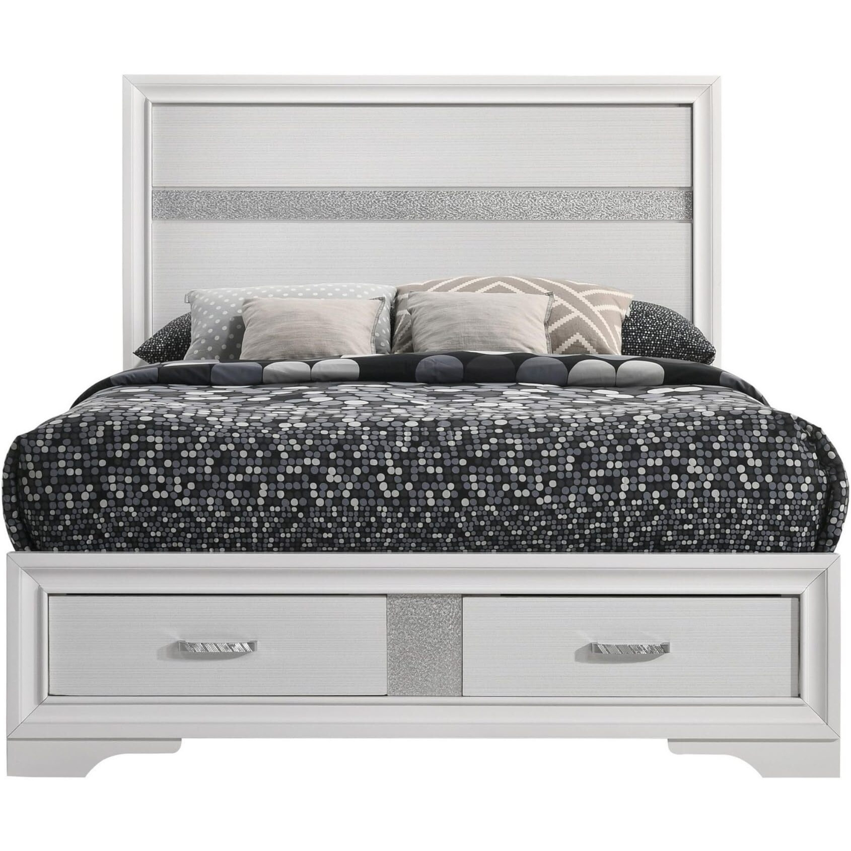 Vino Full Size Panel Bed with 2 Storage Drawers, Acrylic Glitter, White
