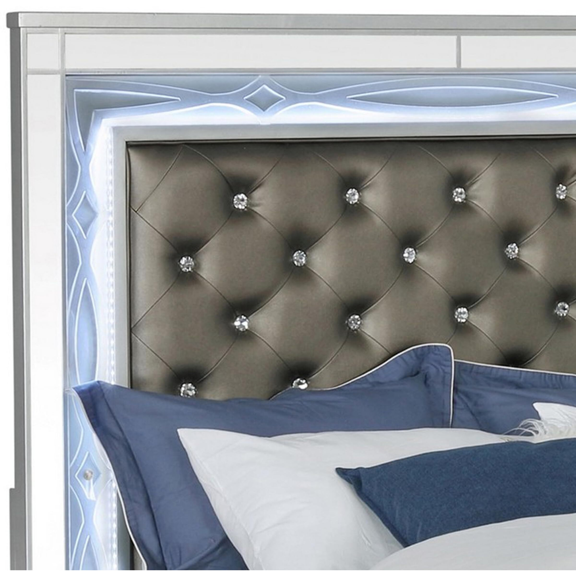 Gina Queen Panel Bed, LED Headboard, Gray Faux Leather Upholstery, Silver