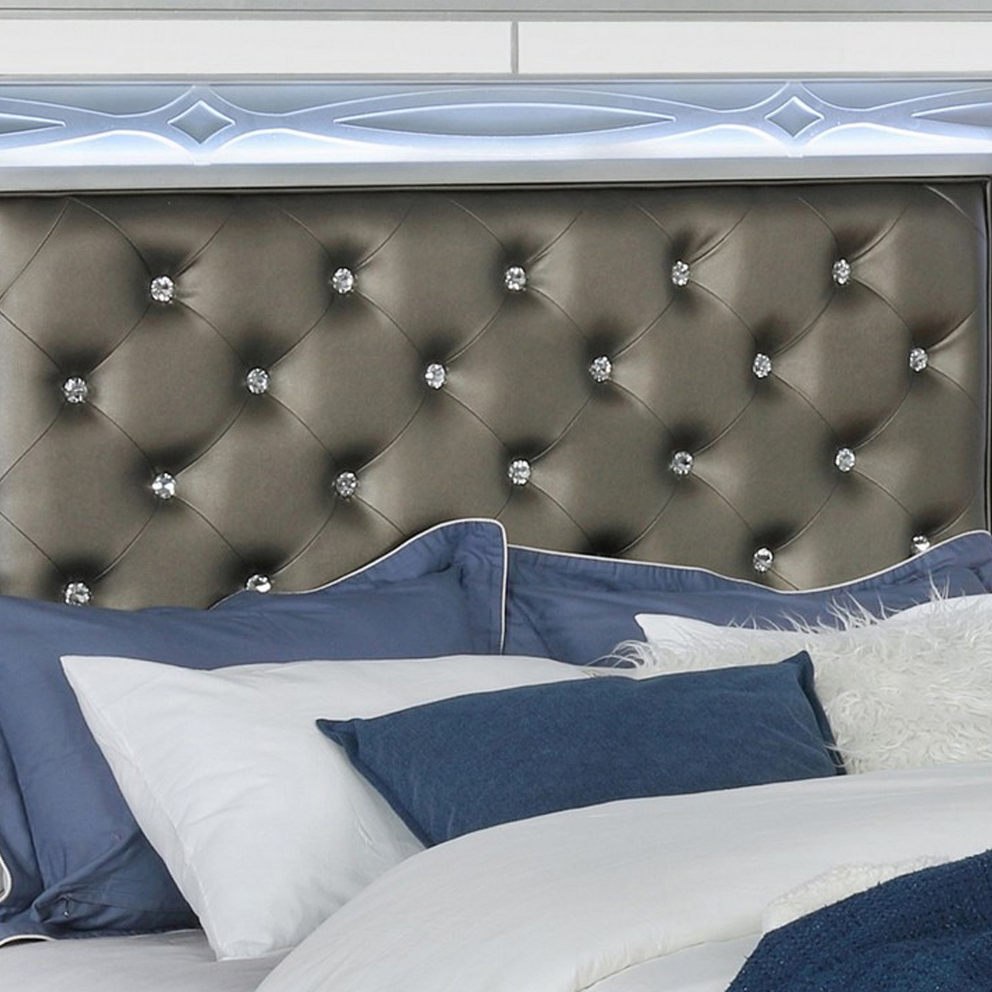 Gina Queen Panel Bed, LED Headboard, Gray Faux Leather Upholstery, Silver