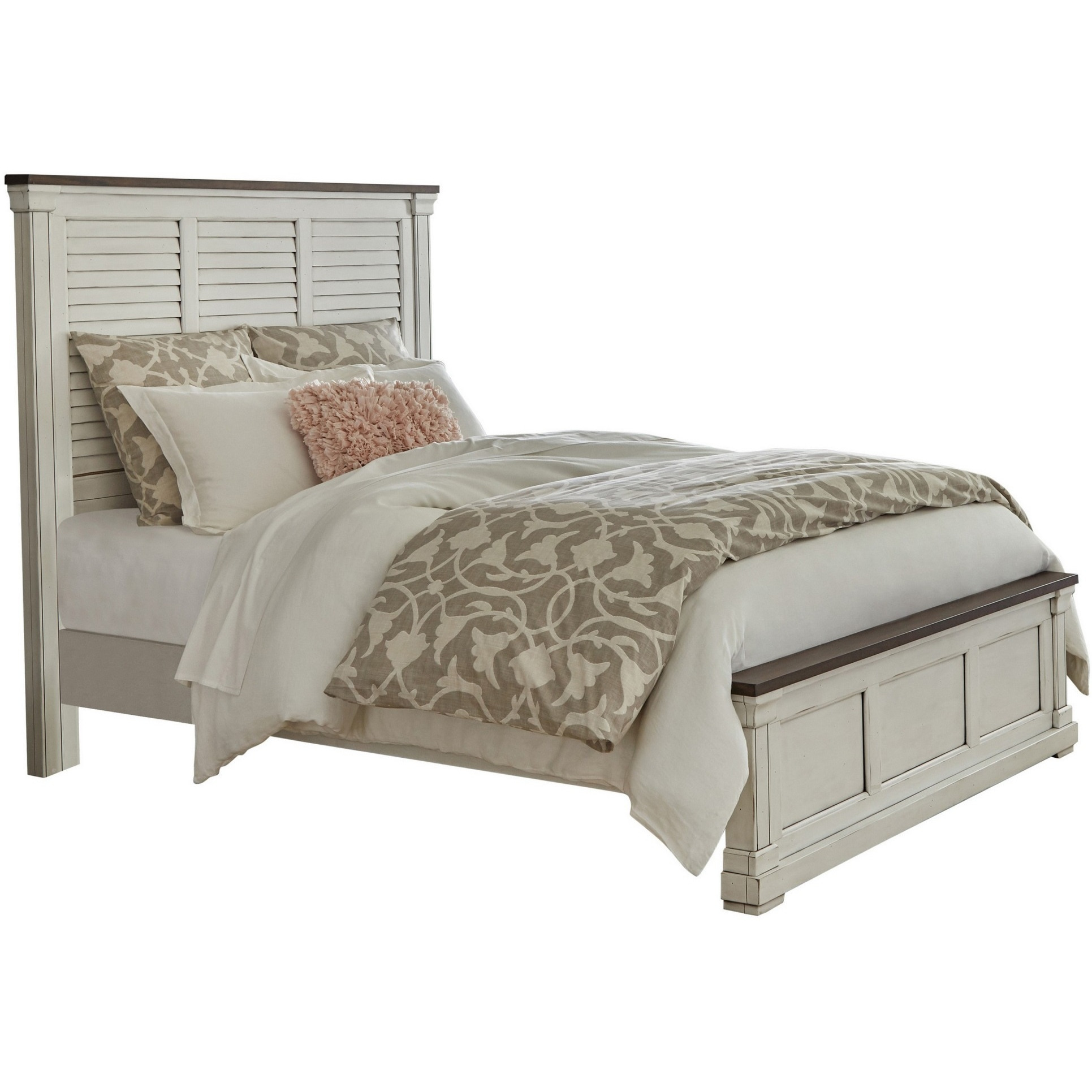 Ola Queen Panel Bed, Shutter Style Headboard, Molded Trim, White and Brown