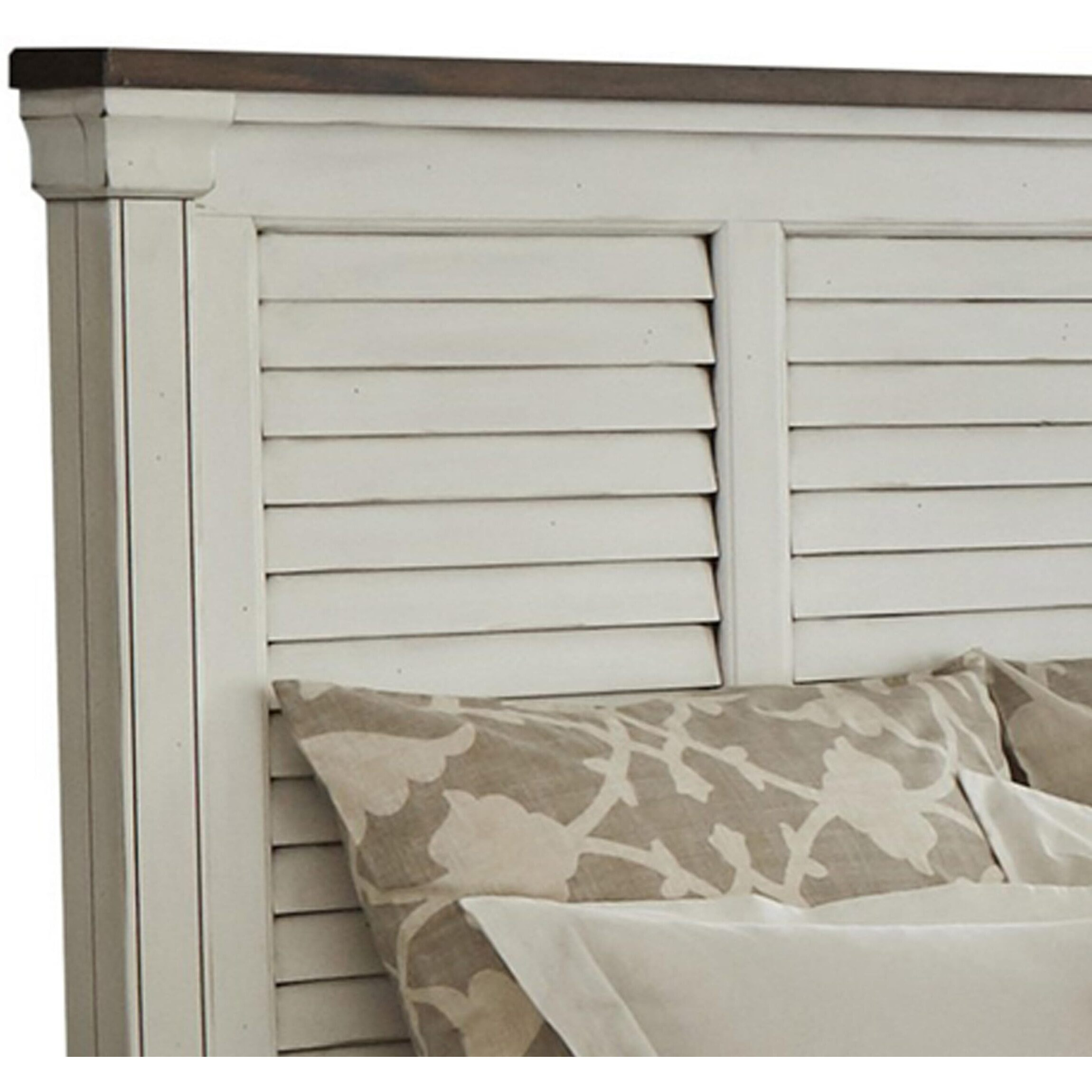 Ola Queen Panel Bed, Shutter Style Headboard, Molded Trim, White and Brown