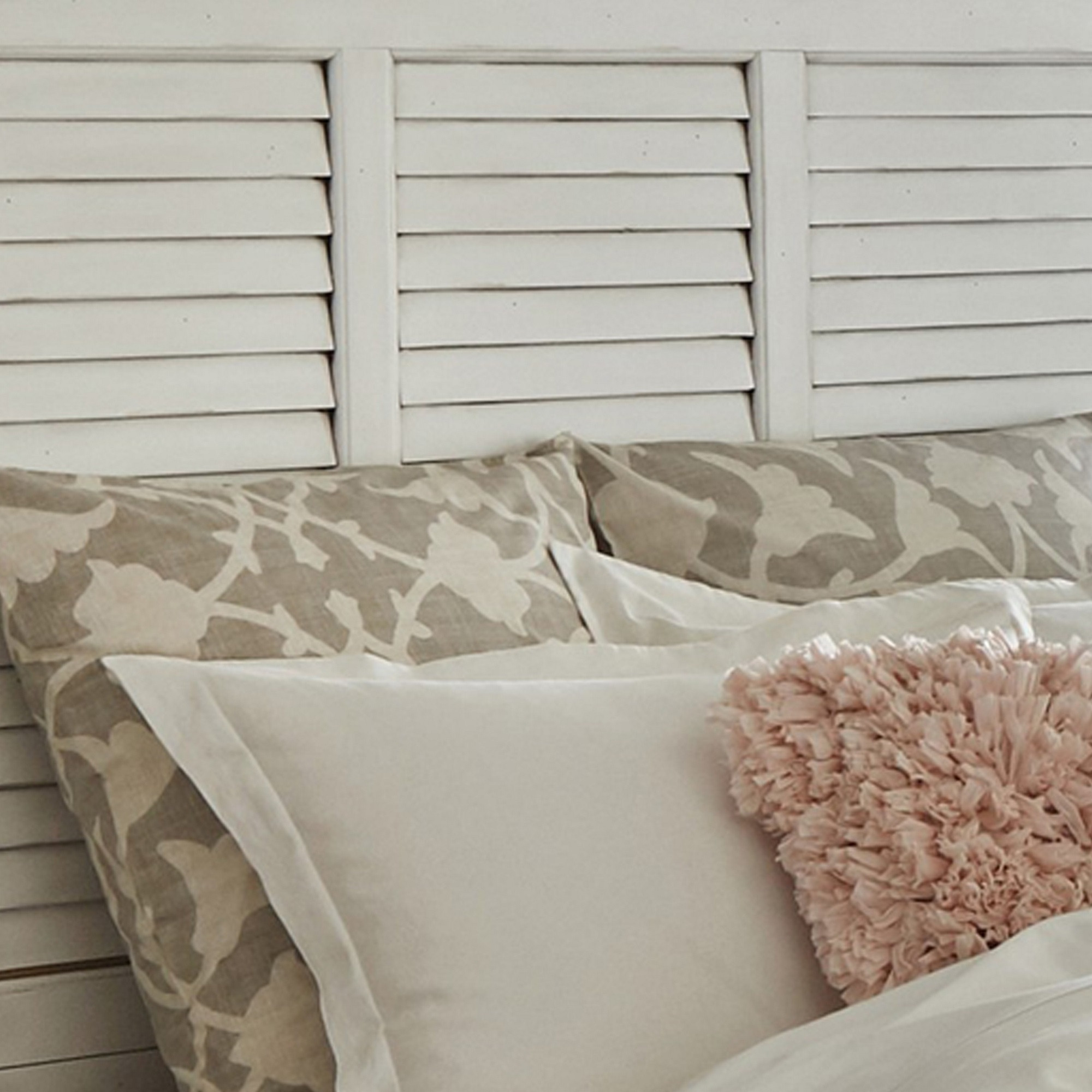 Ola Queen Panel Bed, Shutter Style Headboard, Molded Trim, White and Brown