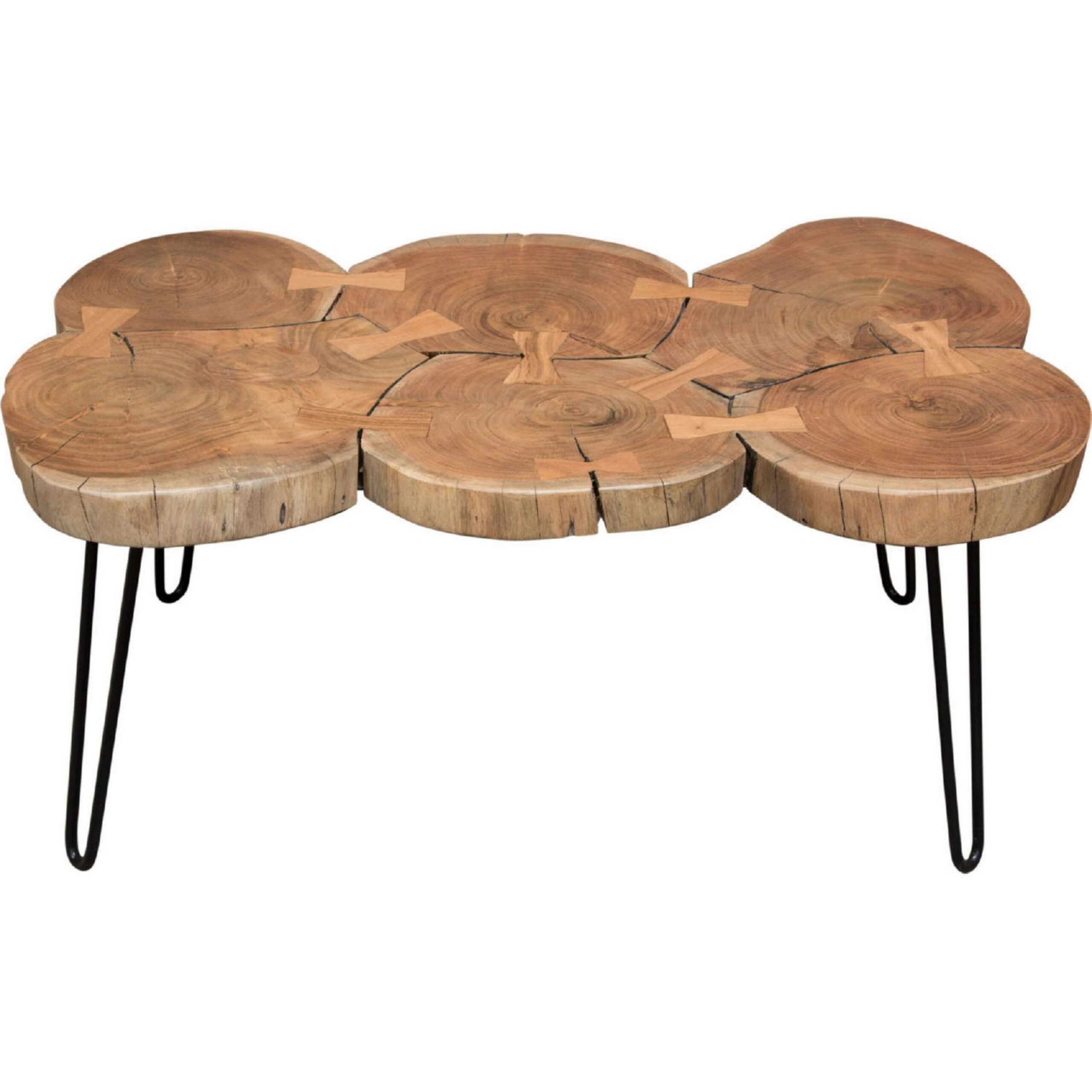 39 Inch Rectangular Coffee Table, Live Edge Wood Top, Metal Legs, Brown