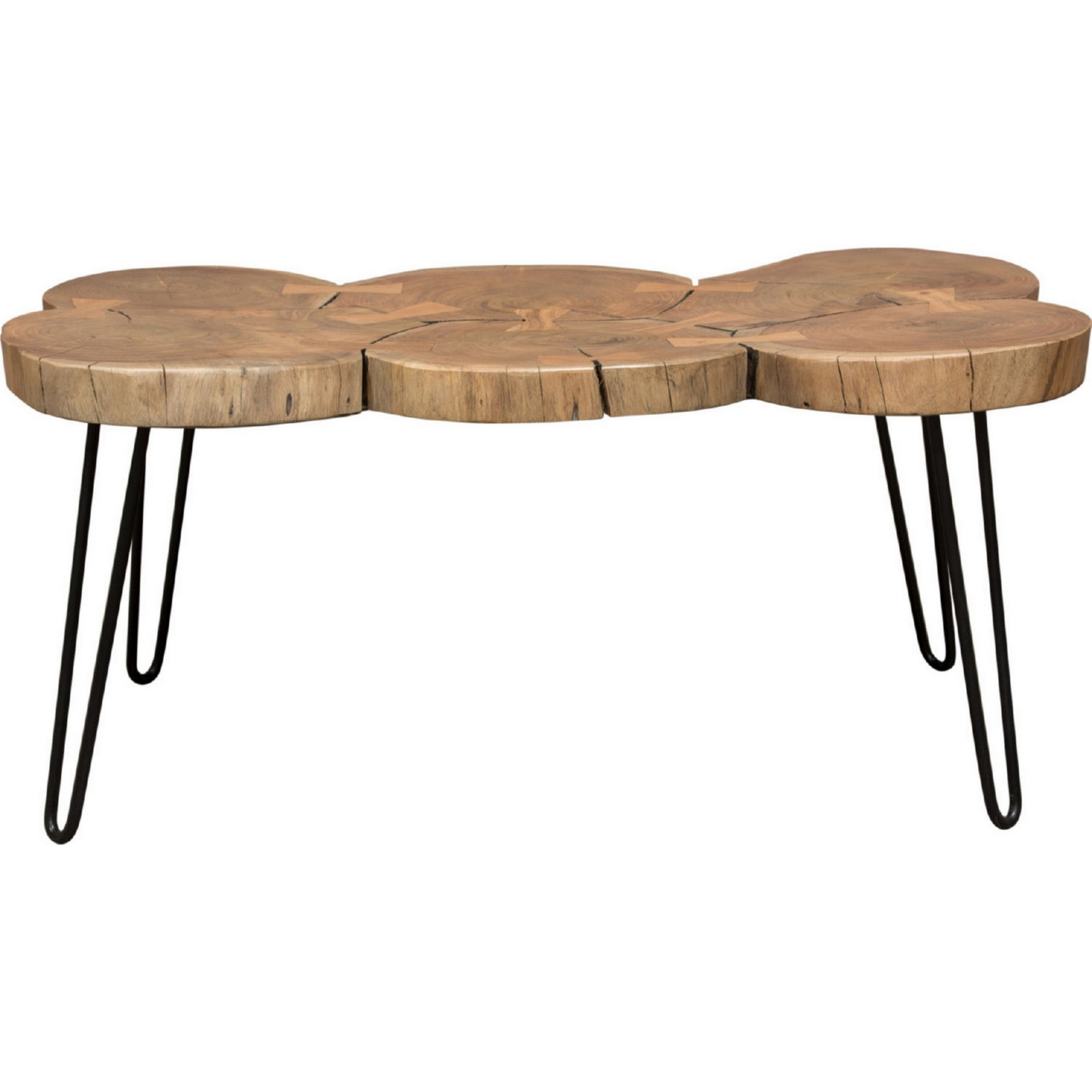 39 Inch Rectangular Coffee Table, Live Edge Wood Top, Metal Legs, Brown