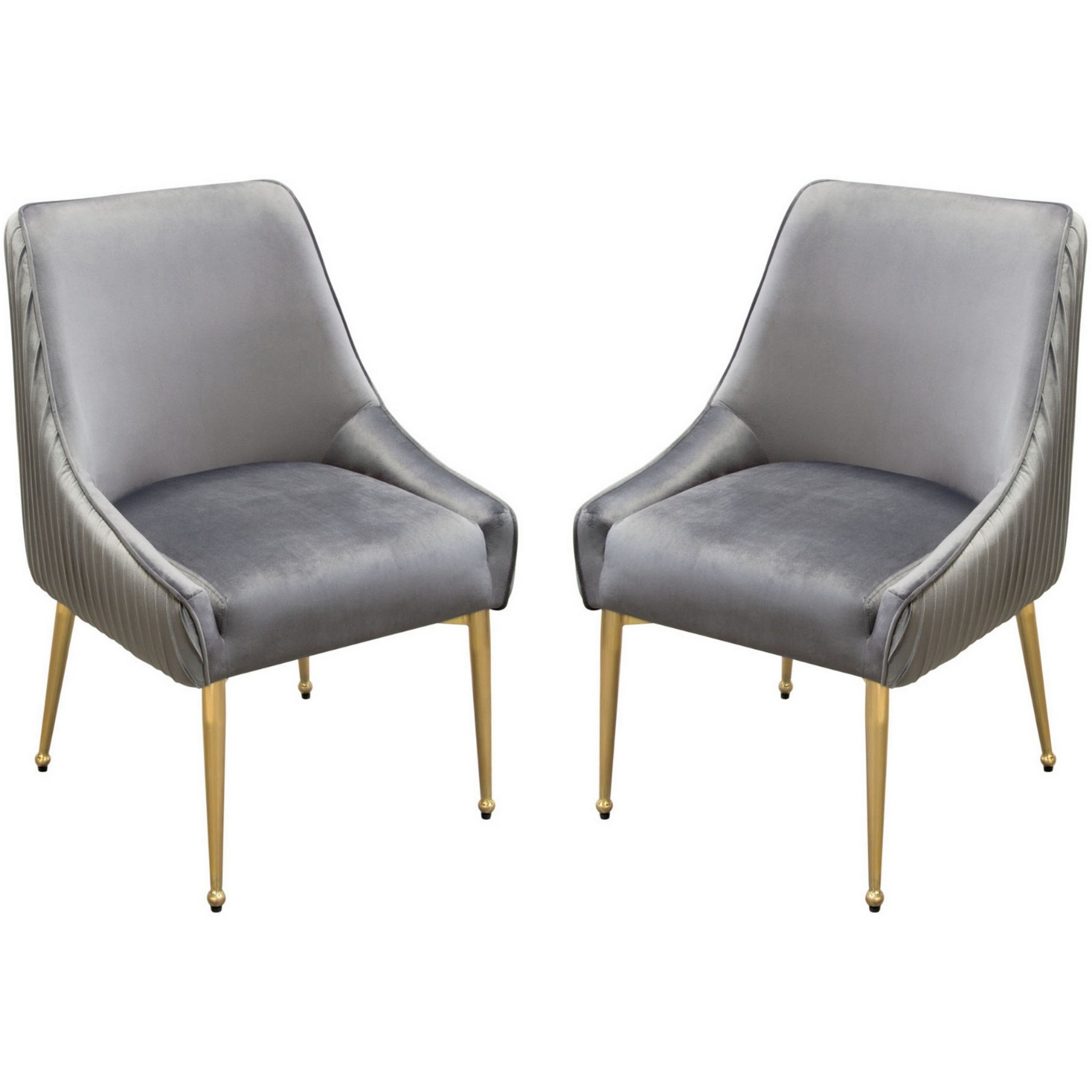 24 Inch Pleated Dining Side Chair, Set of 2, Smooth Gray Velvet Upholstery