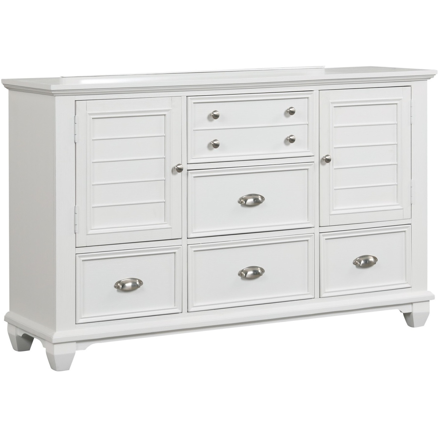 Jims 61 Inch Wood Dresser, 2 Cabinets, 5 Drawers, Cup Handles, Crisp White