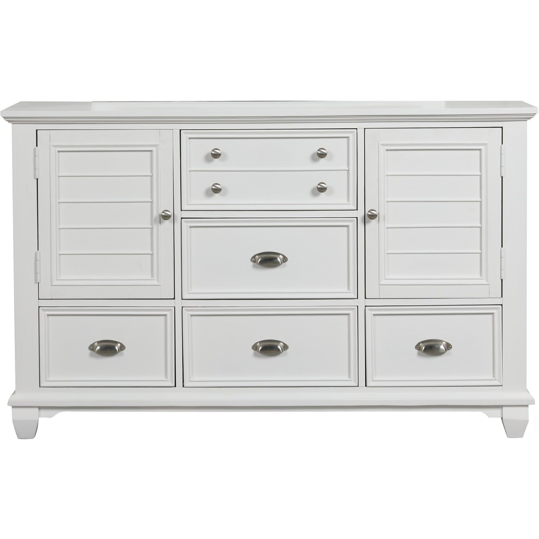Jims 61 Inch Wood Dresser, 2 Cabinets, 5 Drawers, Cup Handles, Crisp White