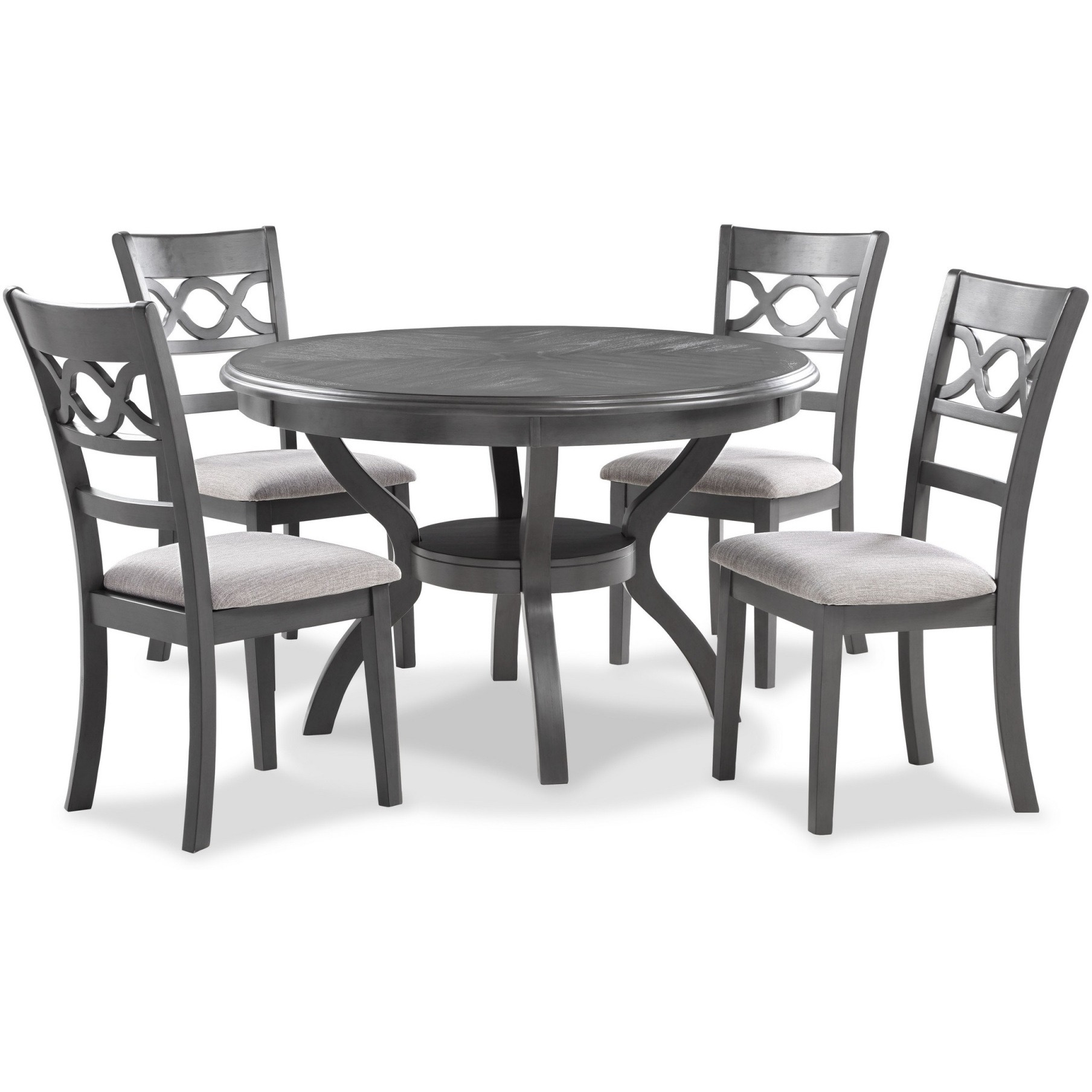 Ceri 5 Piece Round Dining Table and Chair Set, Gray Wood, White Fabric
