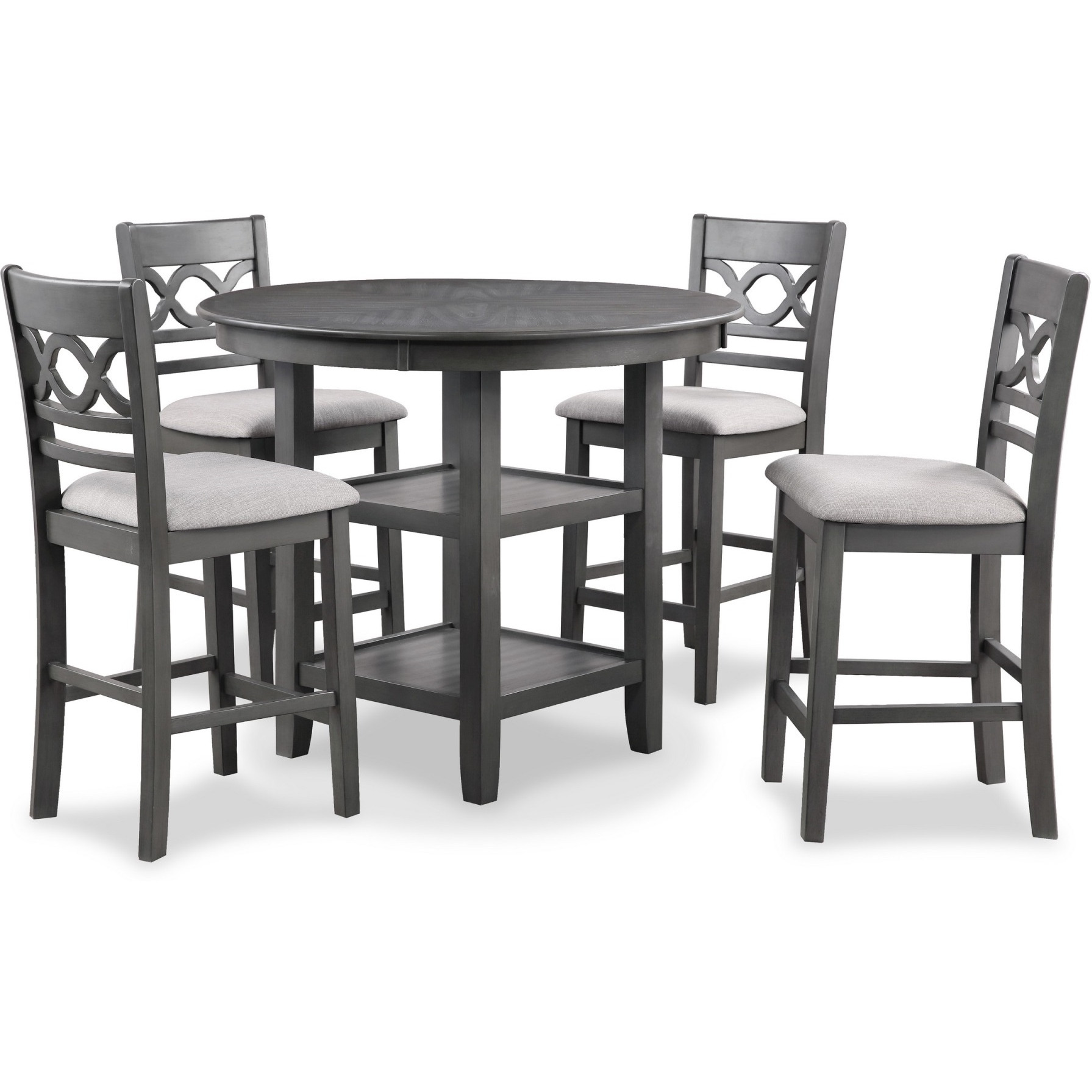 Ceri 5pc Round Counter Dining Table and Chair Set, Gray Wood, White Fabric