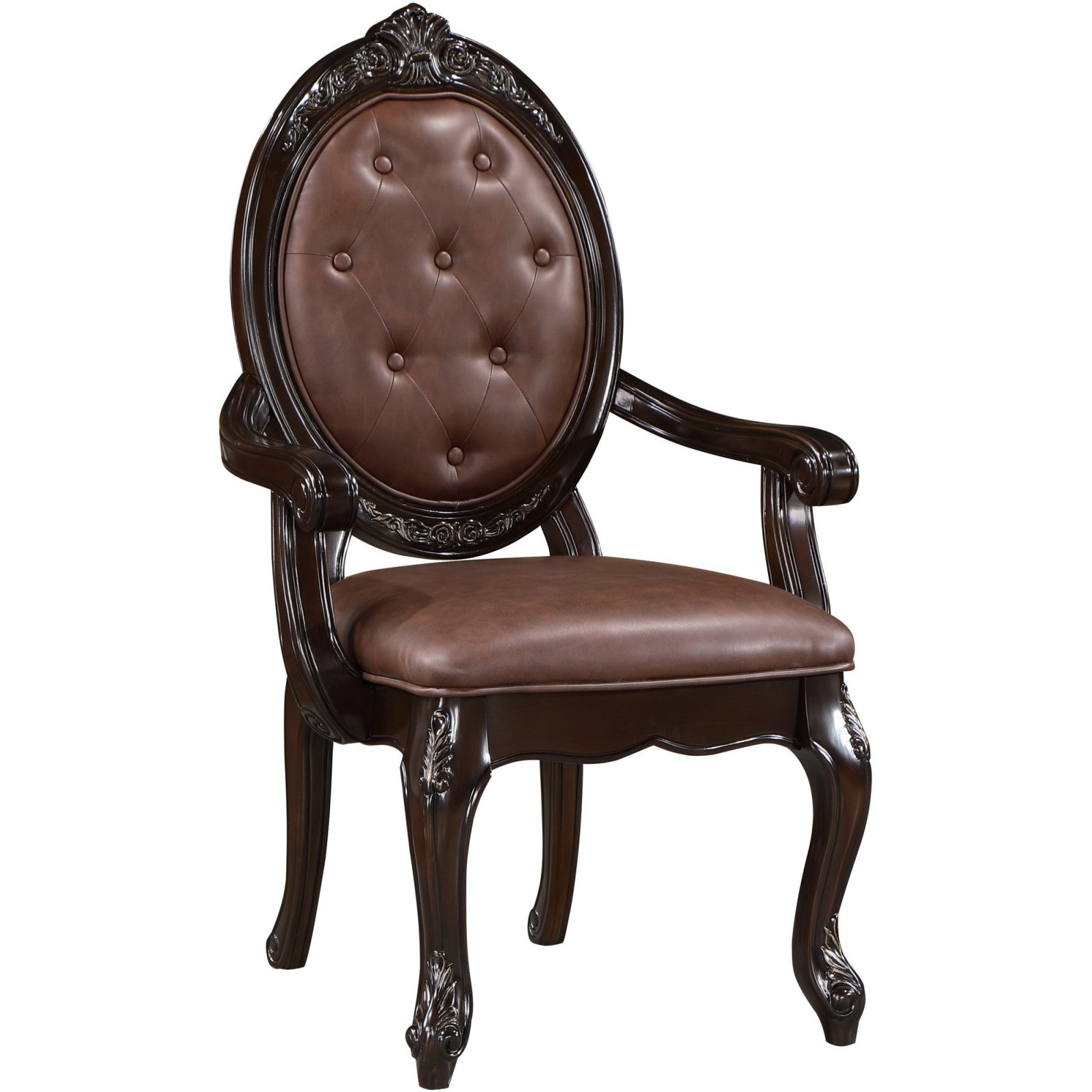 Cran 24 Inch Dining Armchair, Carved Details, Faux Leather Seat, Brown
