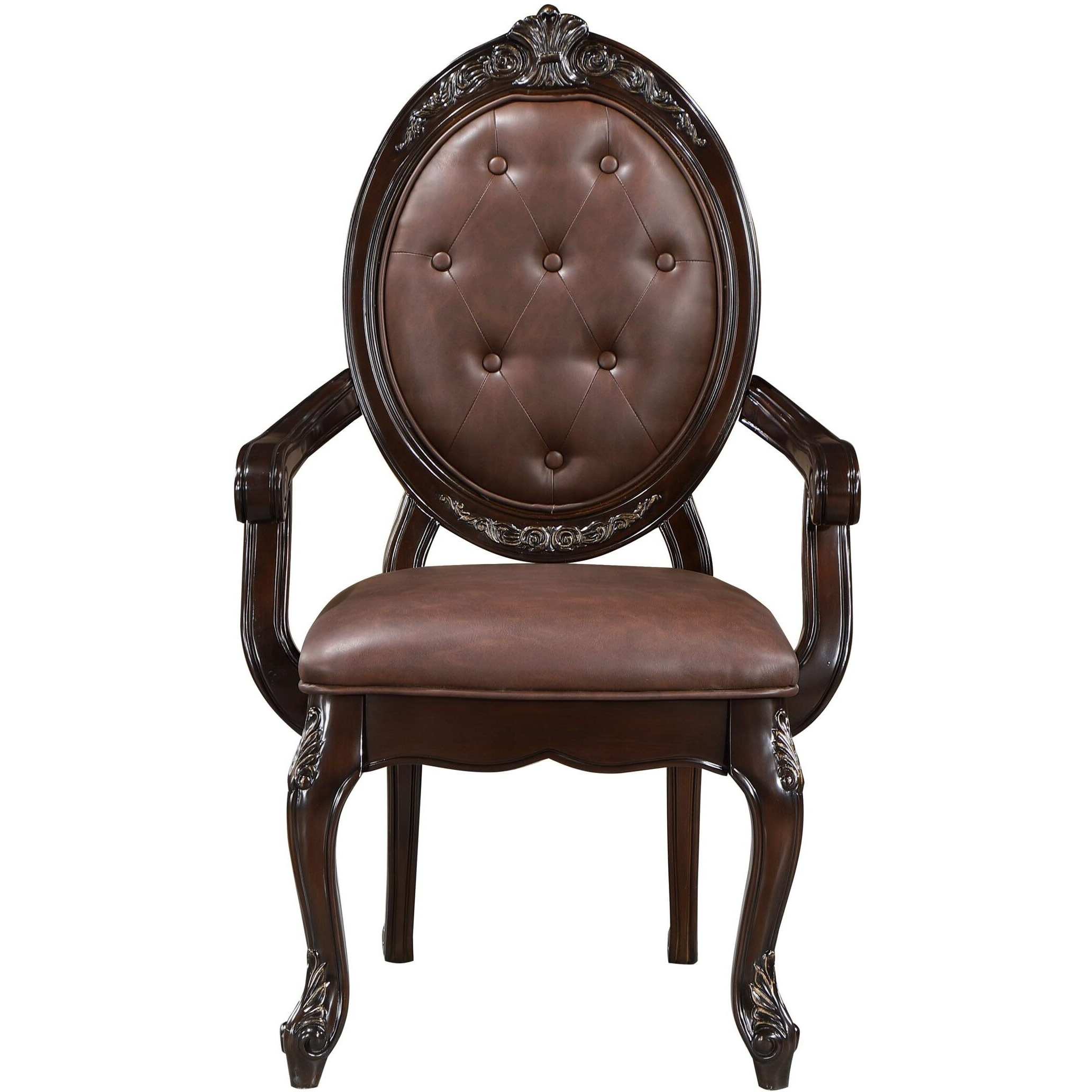 Cran 24 Inch Dining Armchair, Carved Details, Faux Leather Seat, Brown