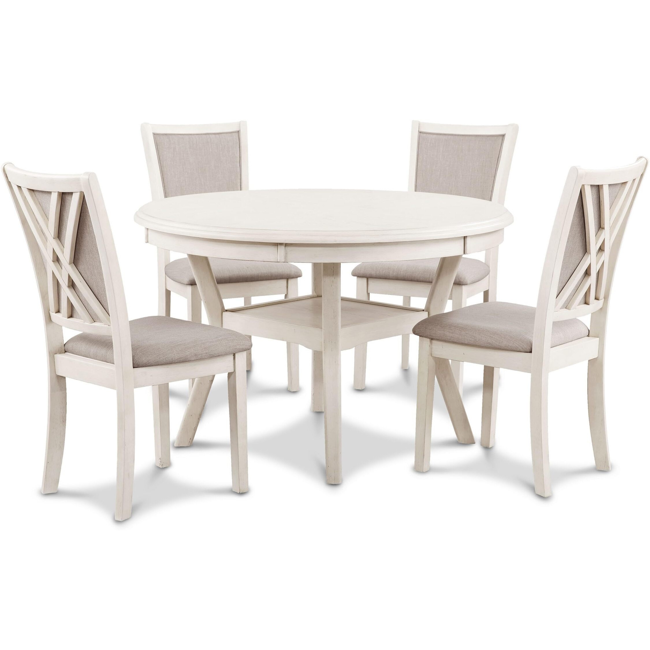 Aine 5 Piece Round Dining Table and Chair Set, White Wood, Fabric Seat