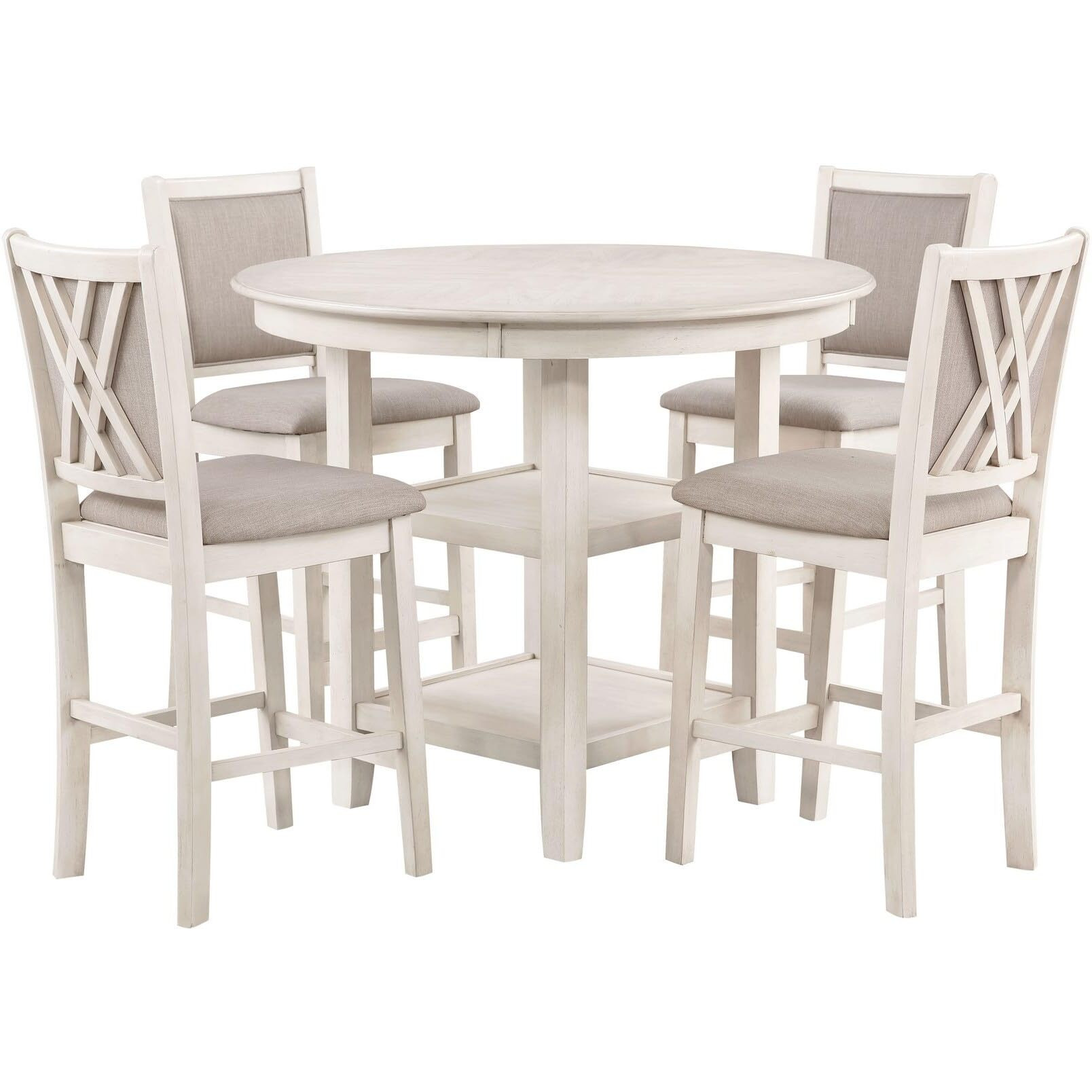 Aine 5 Piece Round Counter Dining Table, Chair Set, White Wood, Fabric Seat