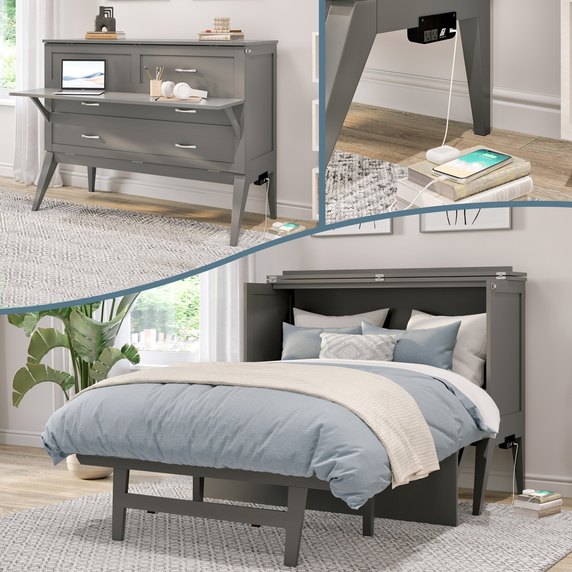 Northampton Full Murphy Bed Desk in Grey