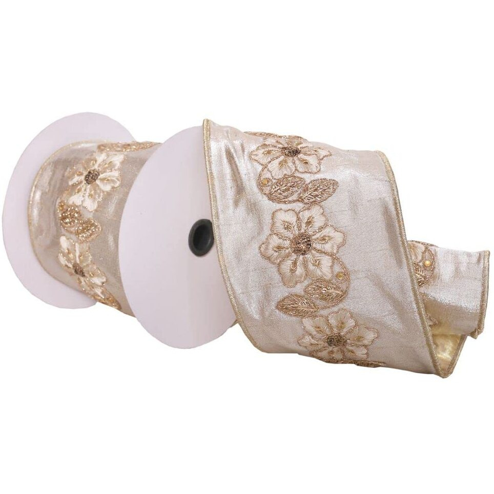 Vickerman 4" x 5 Yards Champagne and Gold Floral Wired Edge Christmas Ribbon.