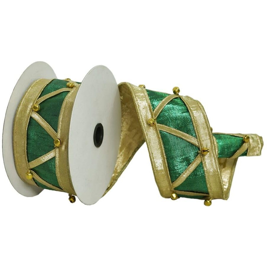 Vickerman 2.5" x 5 Yards Green-Gold Nut Cracker Wired Edge Christmas Ribbon.
