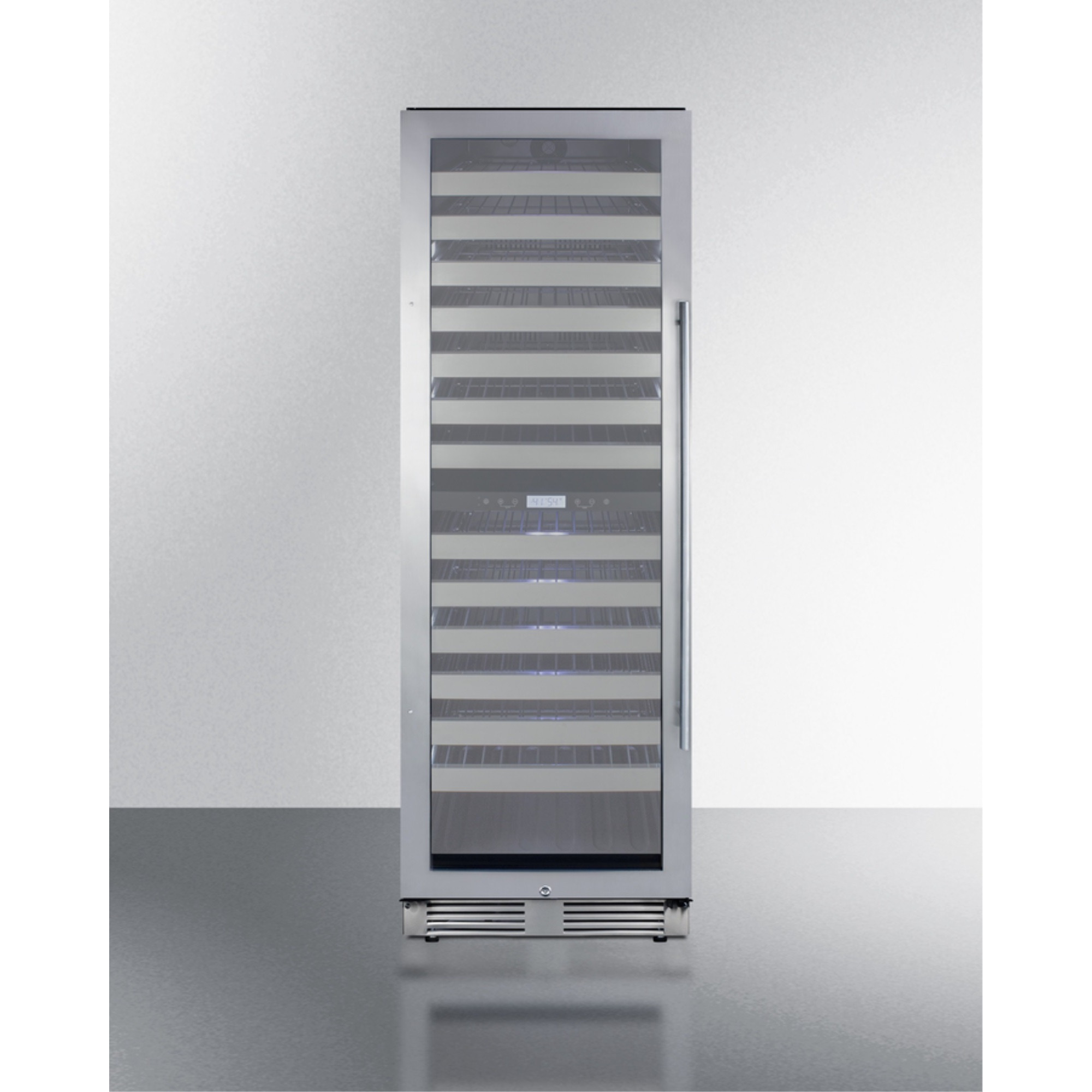 Commercially approved dual zone wine cellar for built-in or freestanding use with seamless stainless steel door and full-extension shelving