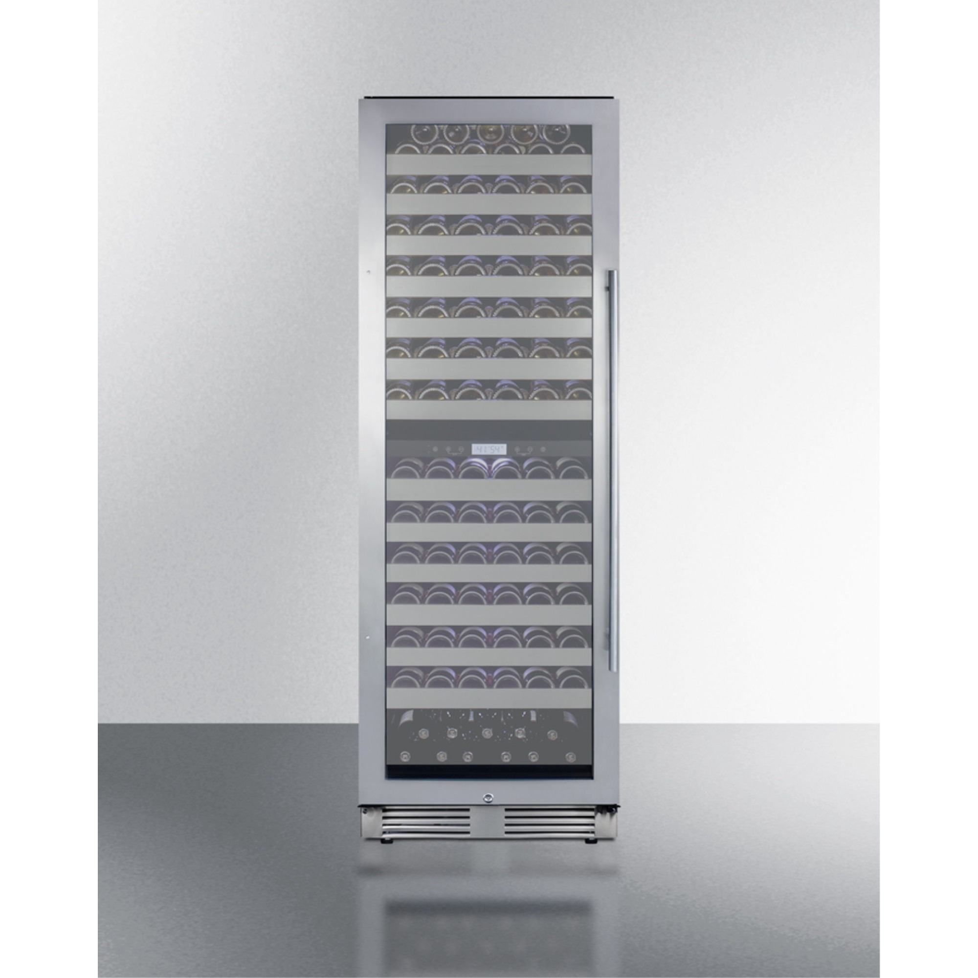 Commercially approved dual zone wine cellar for built-in or freestanding use with seamless stainless steel door and full-extension shelving