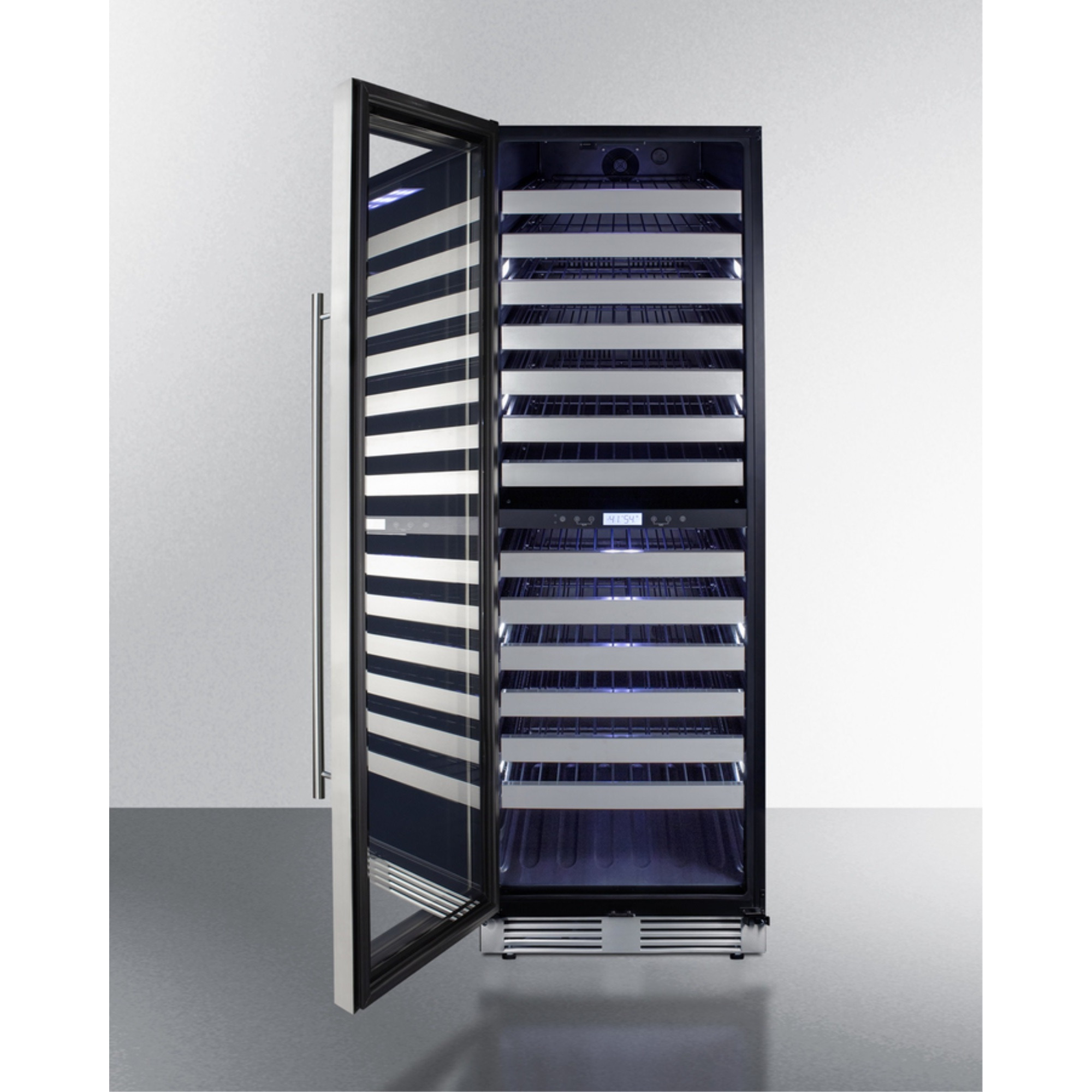 Commercially approved dual zone wine cellar for built-in or freestanding use with seamless stainless steel door and full-extension shelving