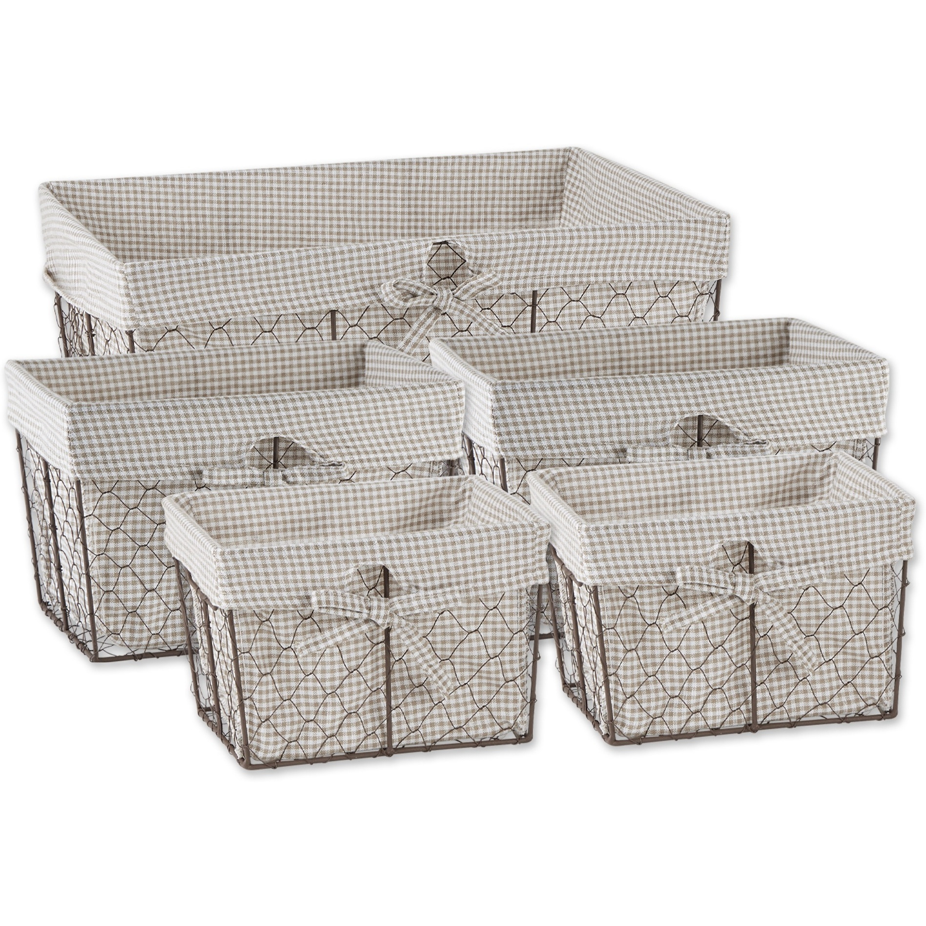 ASST RUSTIC BRONZE CHICKEN WIRE STONE & WHITE GINGHAM CHECK LINER BASKET SET/5