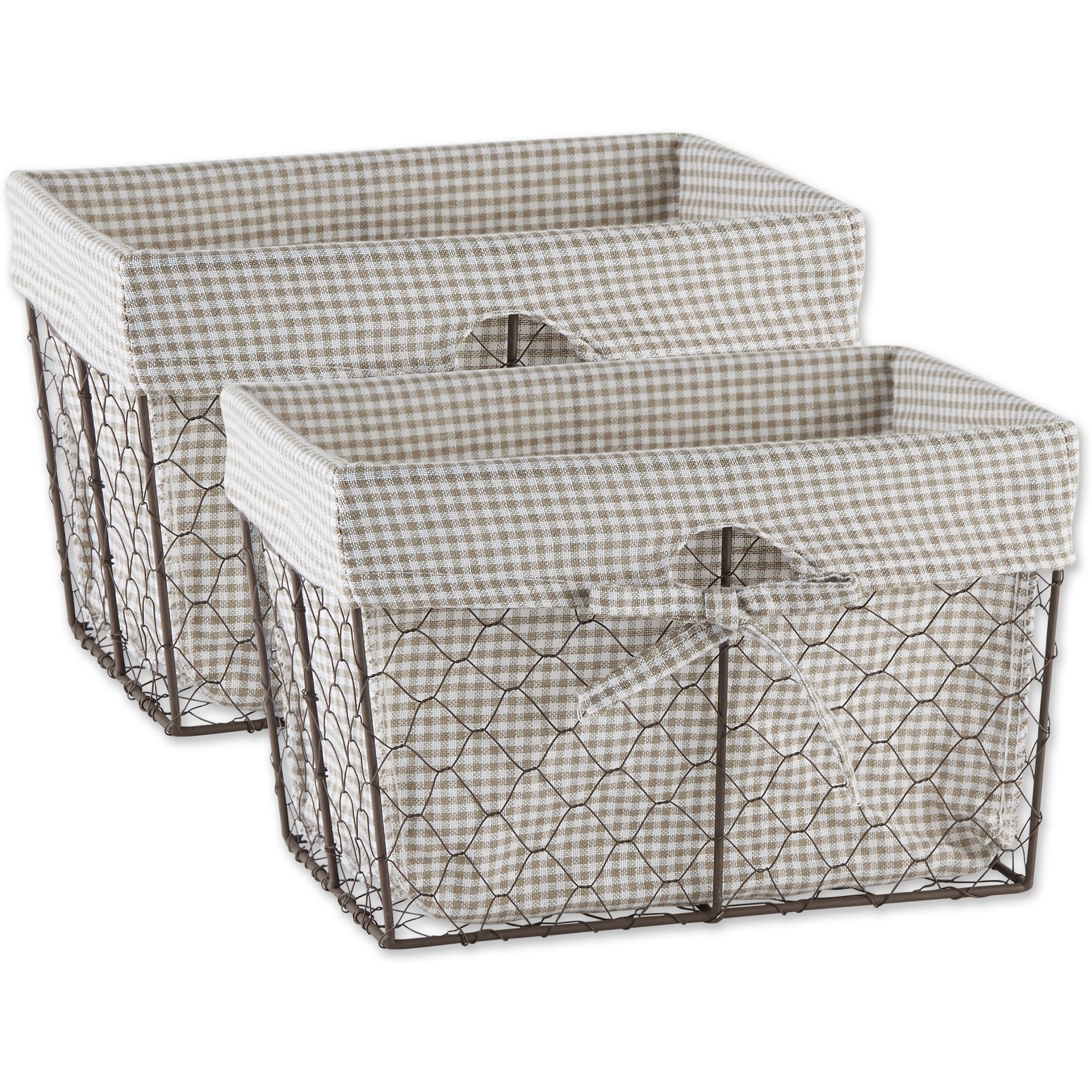 MEDIUM RUSTIC BRONZE CHICKEN WIRE STONE & WHITE GINGHAM CHECK LINER BASKET SET/2
