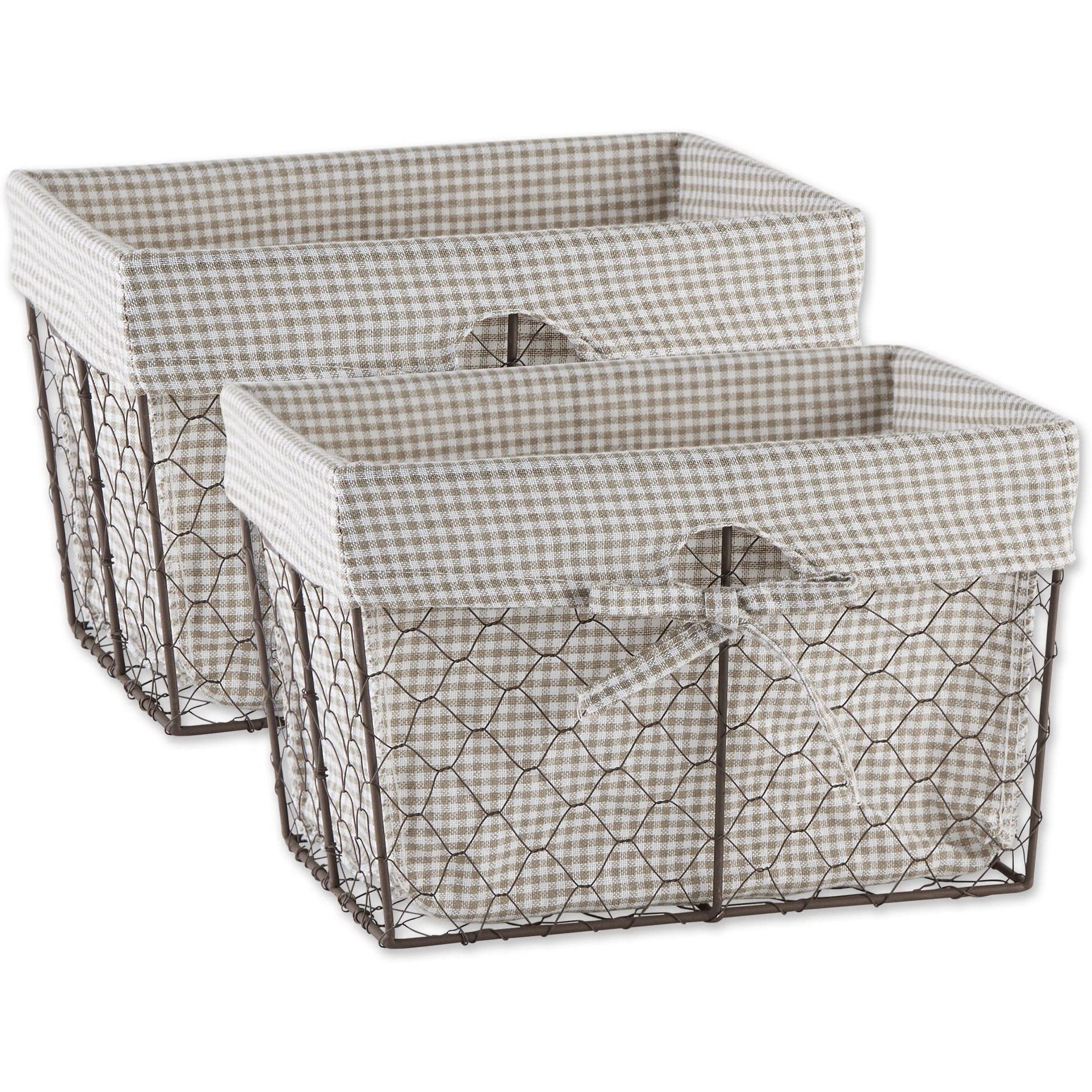MEDIUM RUSTIC BRONZE CHICKEN WIRE STONE & WHITE GINGHAM CHECK LINER BASKET SET/2