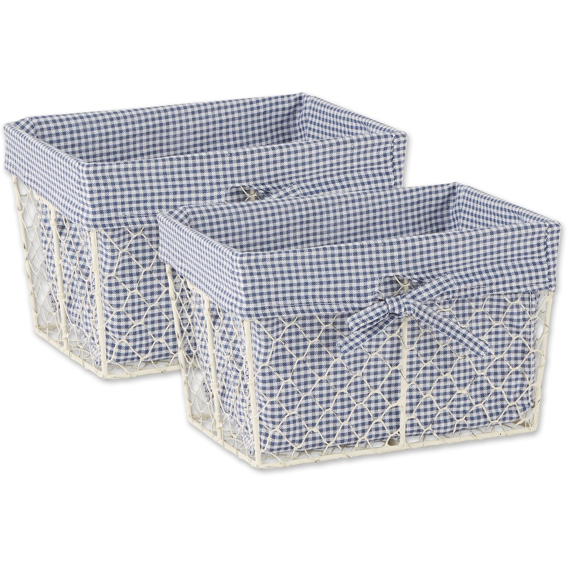 MEDIUM ANTIQUE WHITE CHICKEN WIRE FRENCH BLUE & WHITE GINGHAM CHECK LINER BASKET SET/2