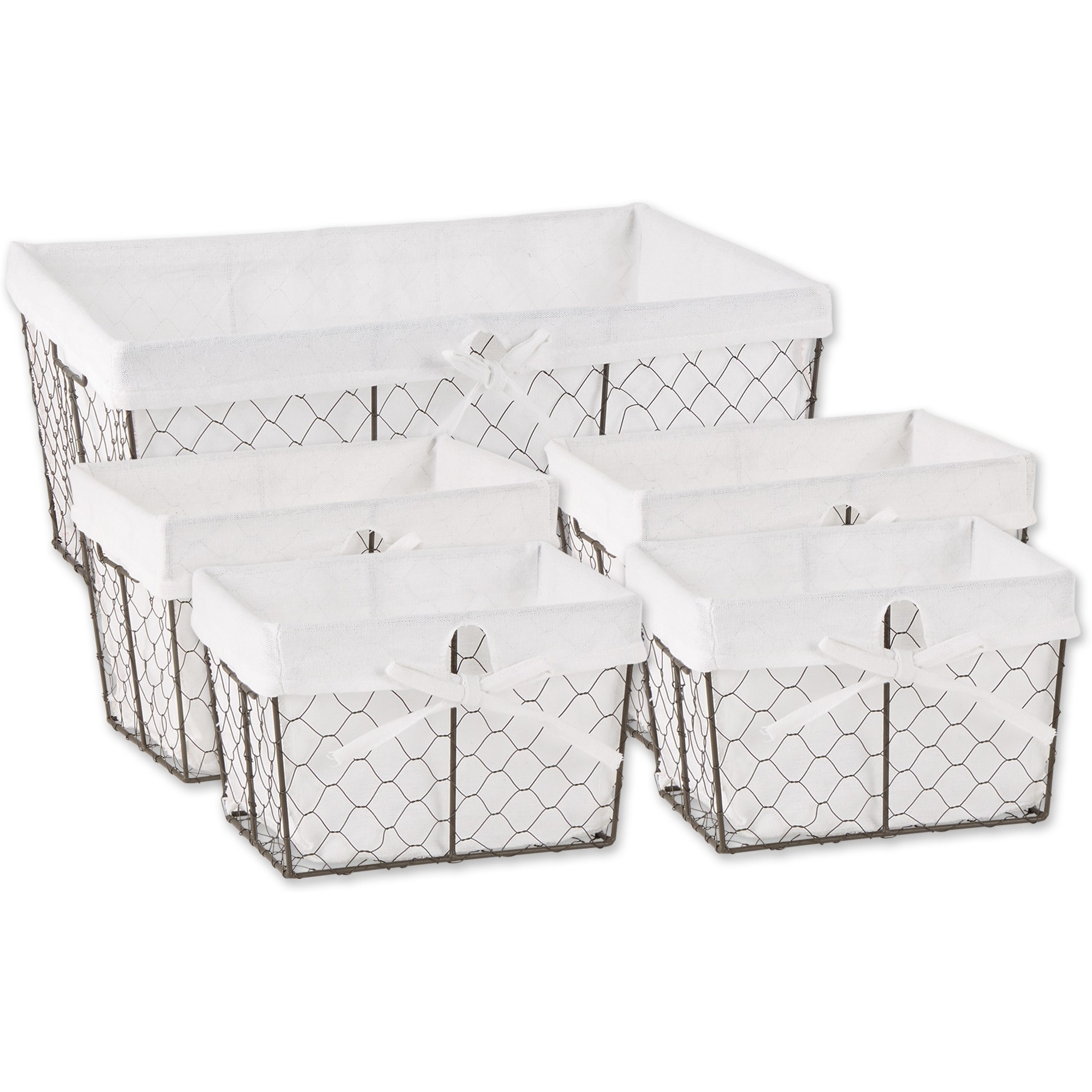 ASST VINTAGE GREY CHICKEN WIRE BLEACHED WHITE LINER BASKET SET/5