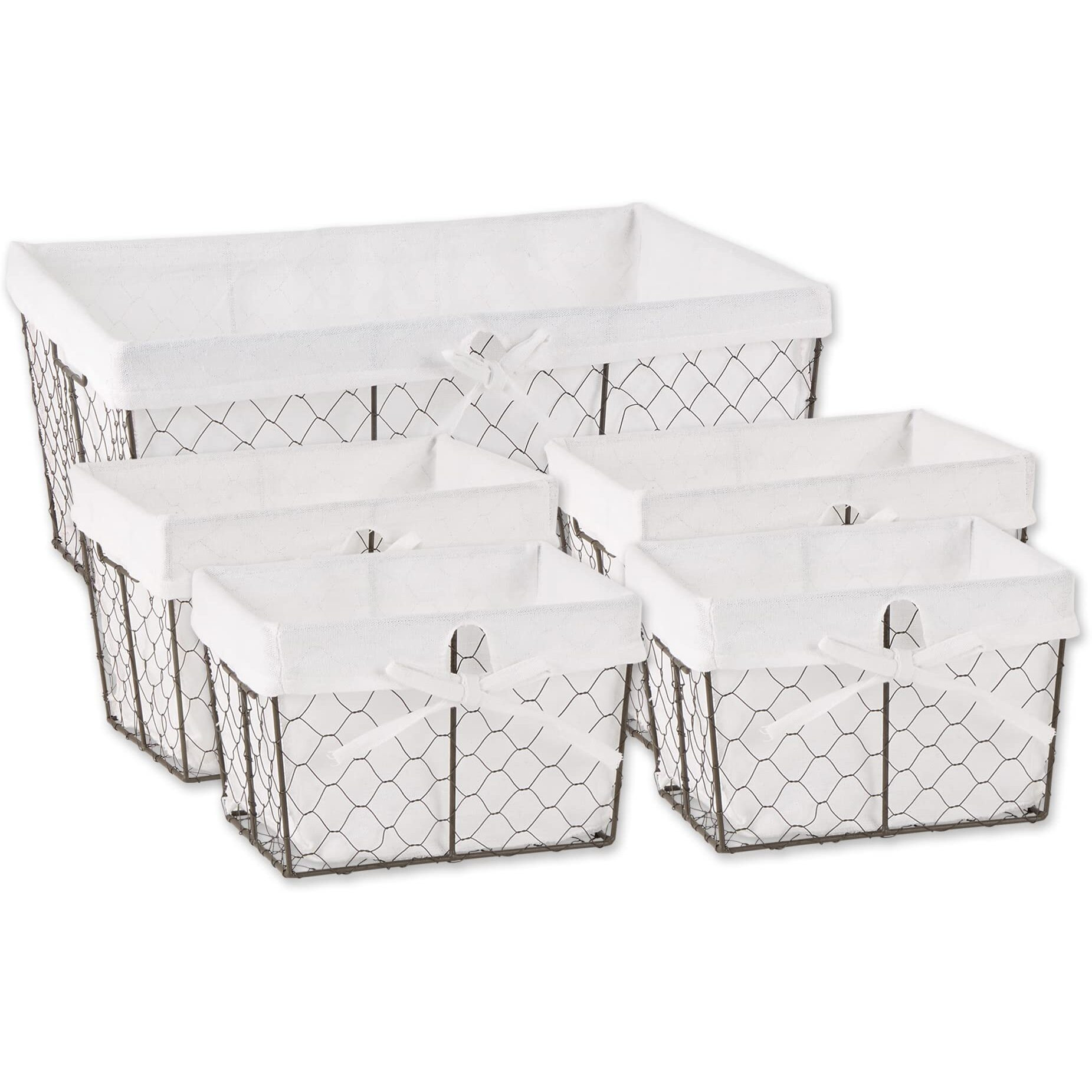 ASST VINTAGE GREY CHICKEN WIRE BLEACHED WHITE LINER BASKET SET/5