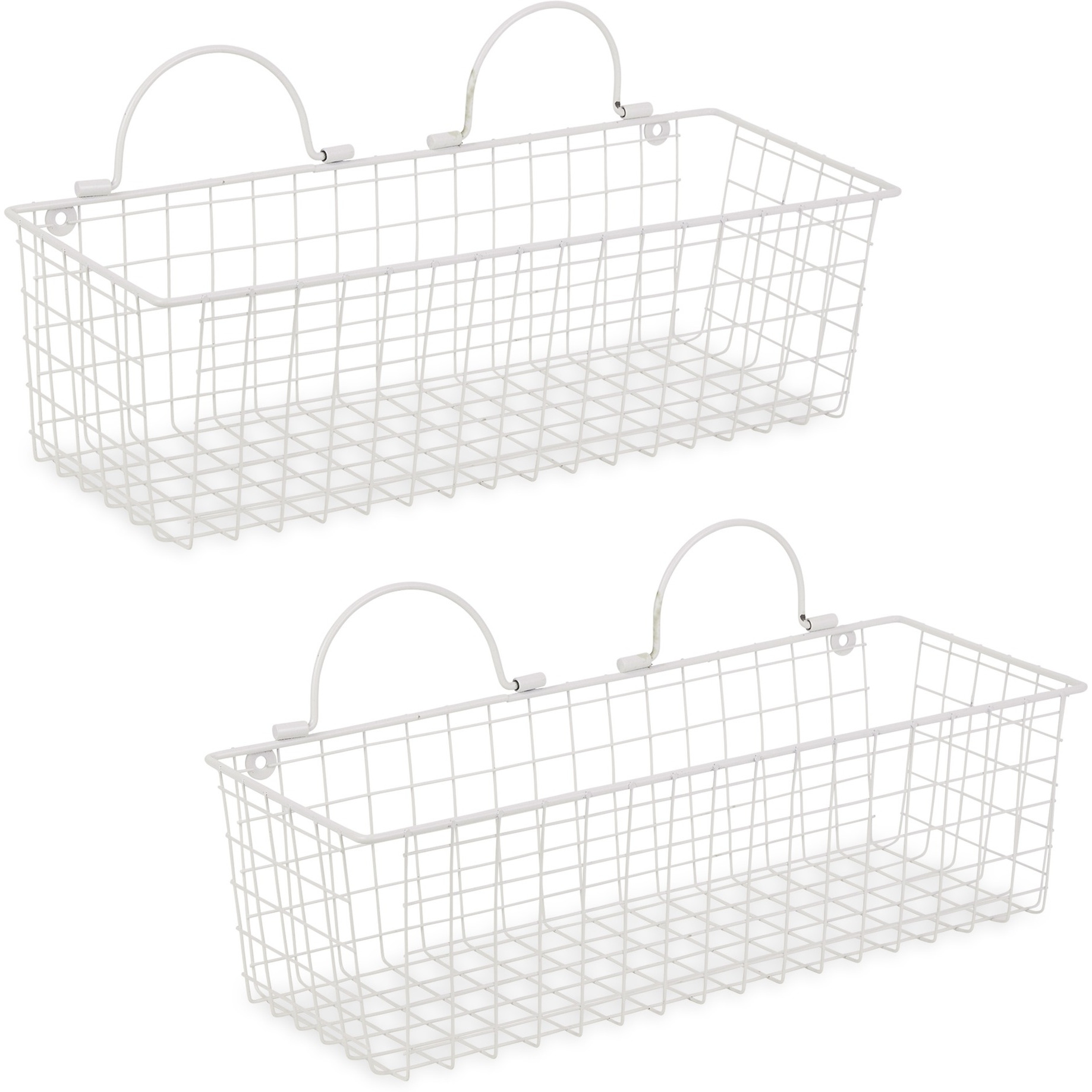 MEDIUM ANTIQUE WHITE WIRE WALL BASKET SET/2