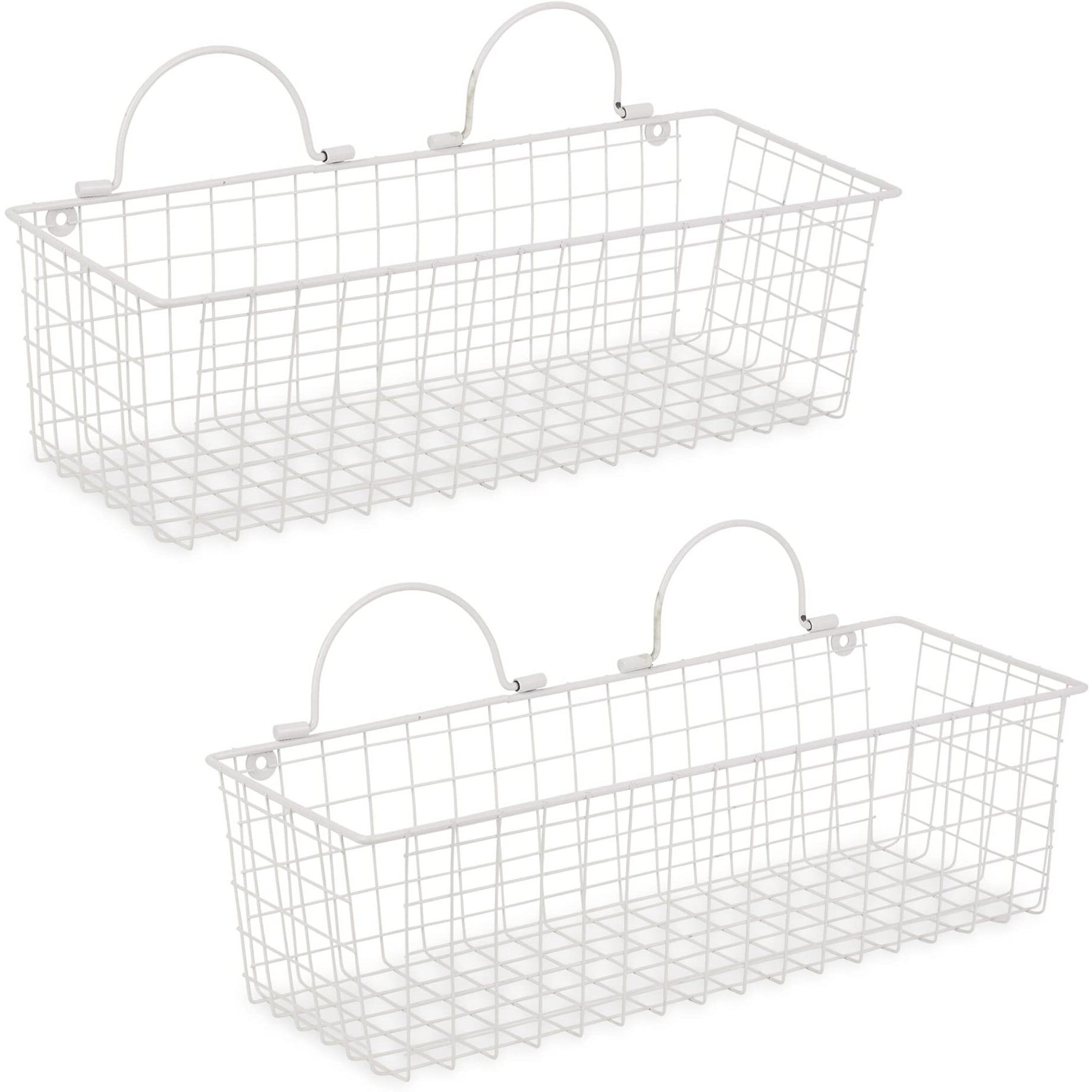 MEDIUM ANTIQUE WHITE WIRE WALL BASKET SET/2