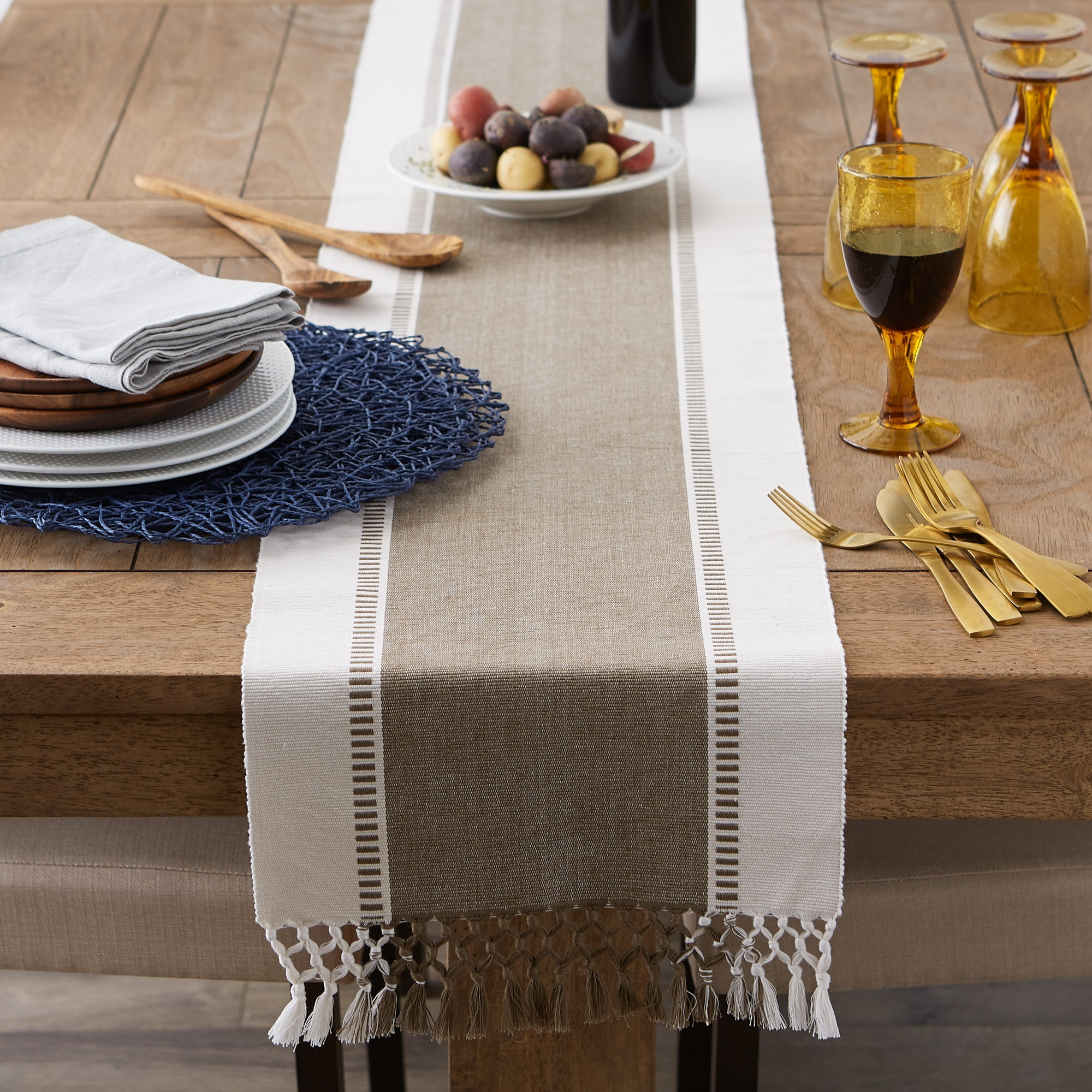 BROWN DOBBY STRIPE RIBBED TABLE RUNNER 13x72