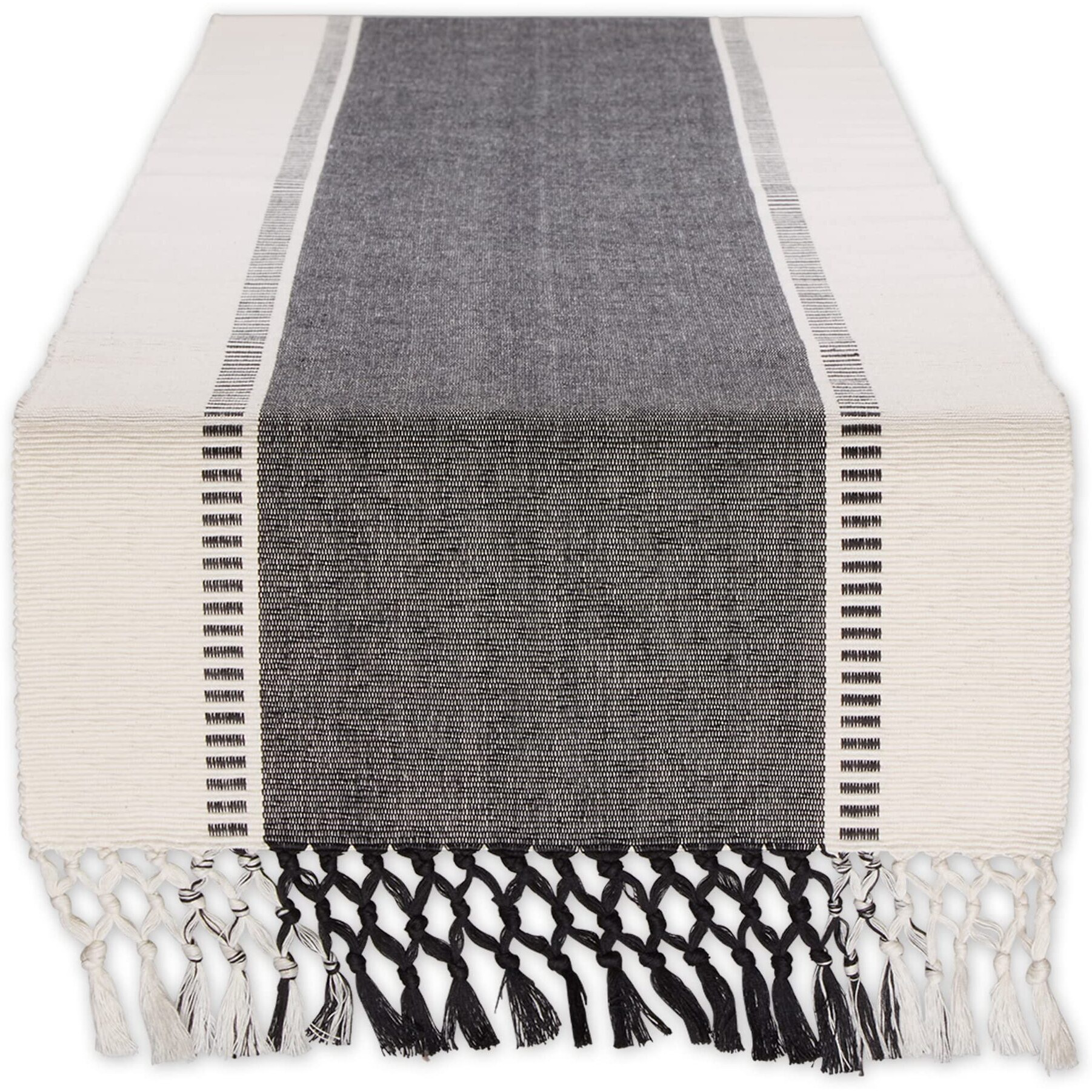BLACK DOBBY STRIPE RIBBED TABLE RUNNER 13x72