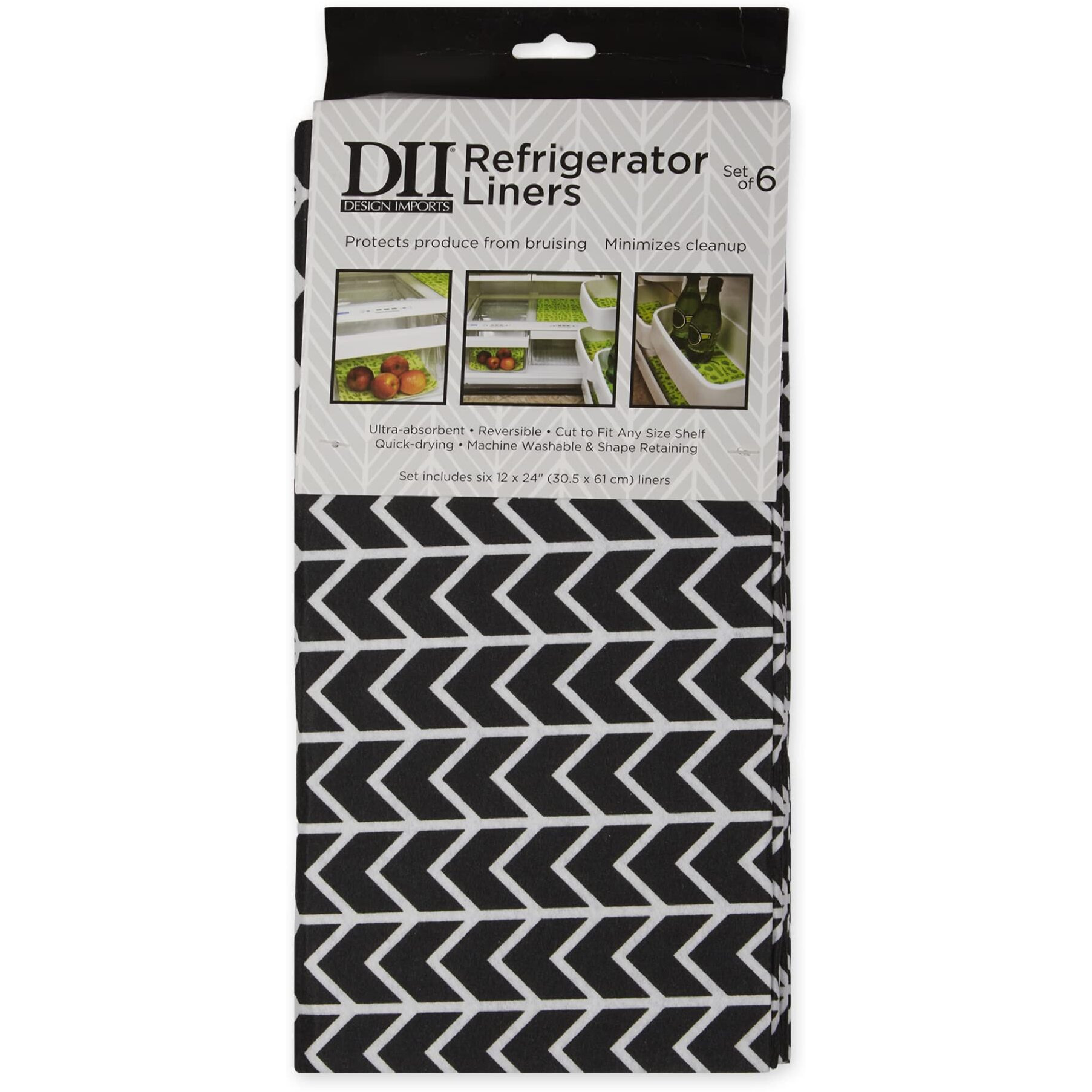 BLACK HERRINGBONE PRINT FRIDGE LINER SET/6