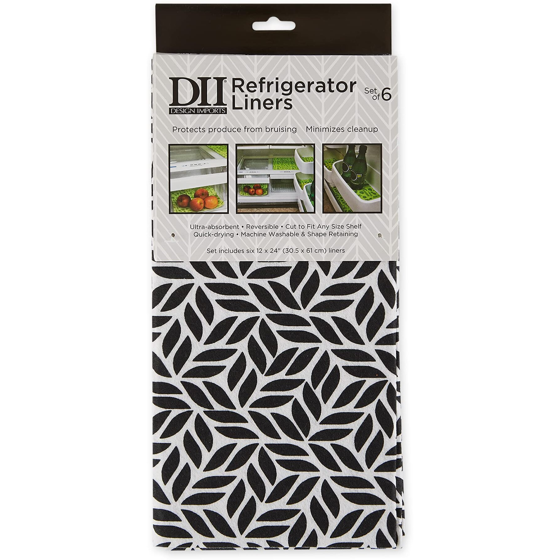BLACK ABSTRACT LEAF PRINT FRIDGE LINER SET/6