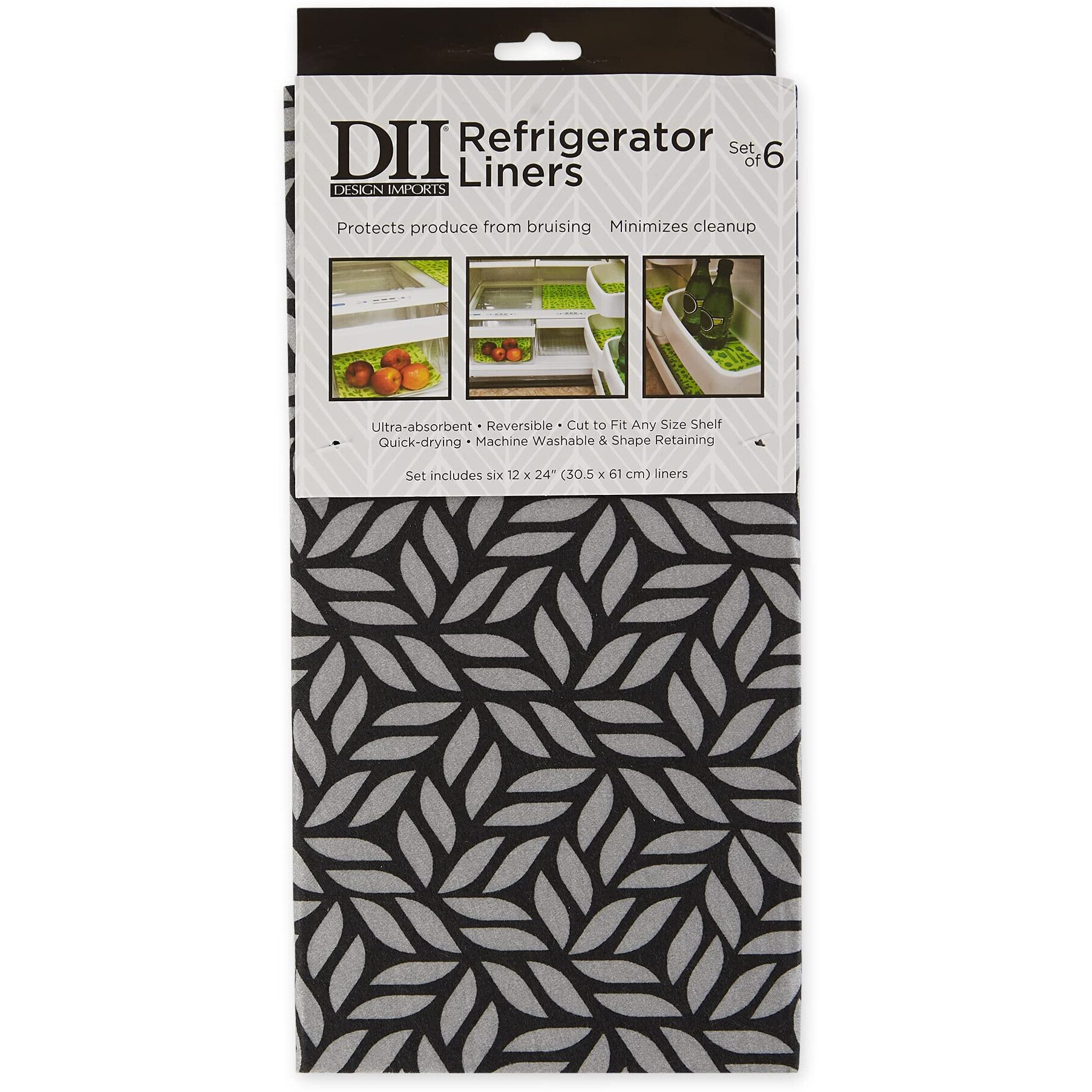 GRAY ABSTRACT LEAF PRINT FRIDGE LINER SET/6