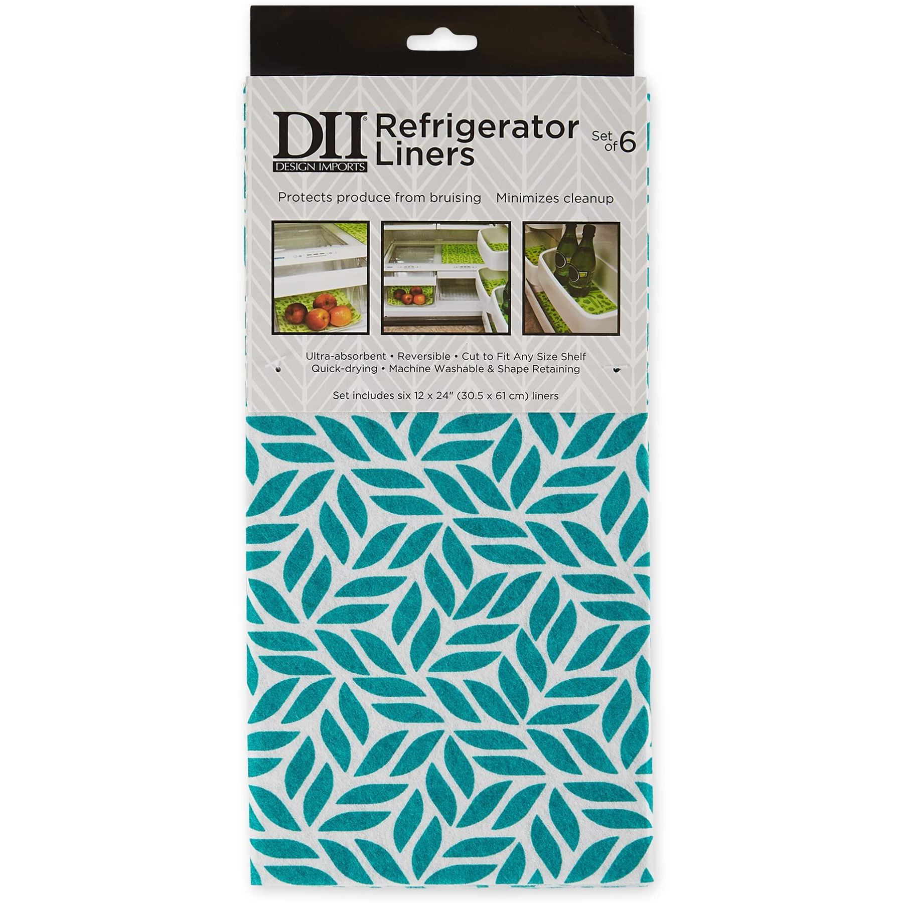 TEAL ABSTRACT LEAF PRINT FRIDGE LINER SET/6