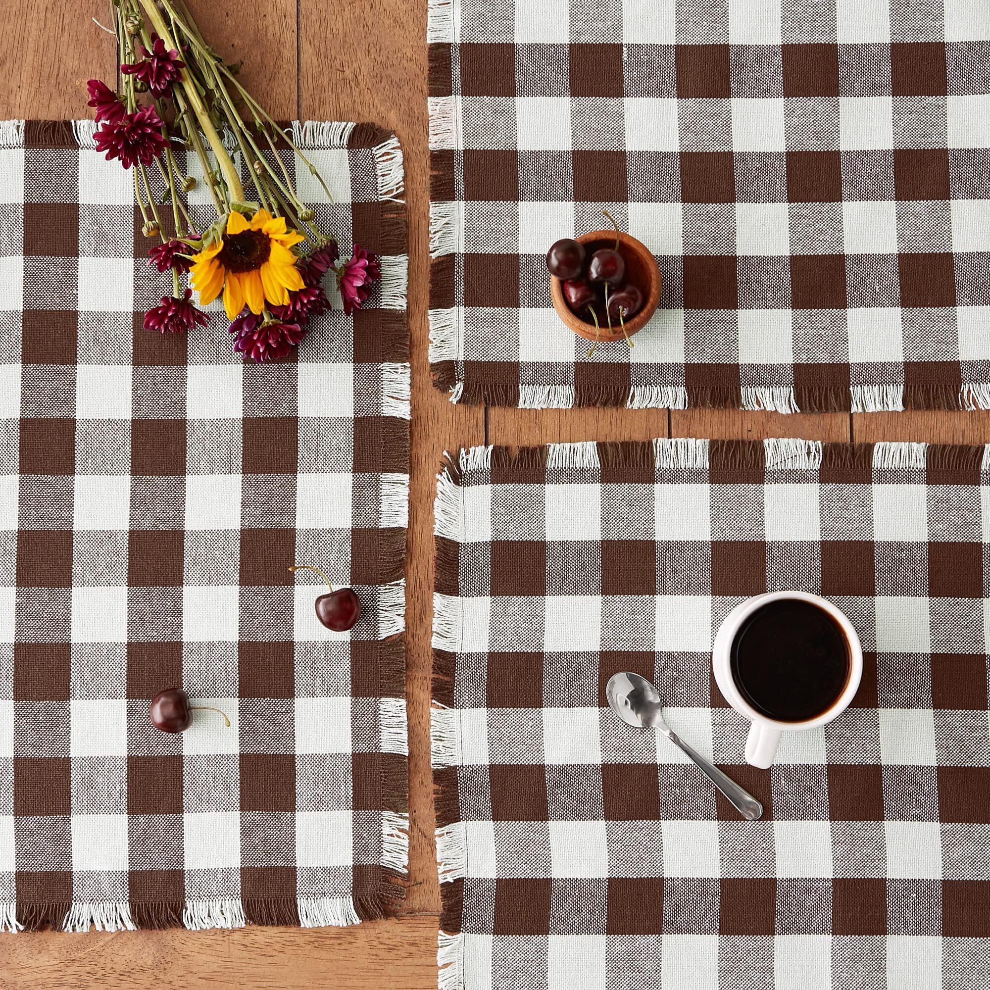 BARK BROWN HEAVYWEIGHT CHECK FRINGED PLACEMAT SET/6