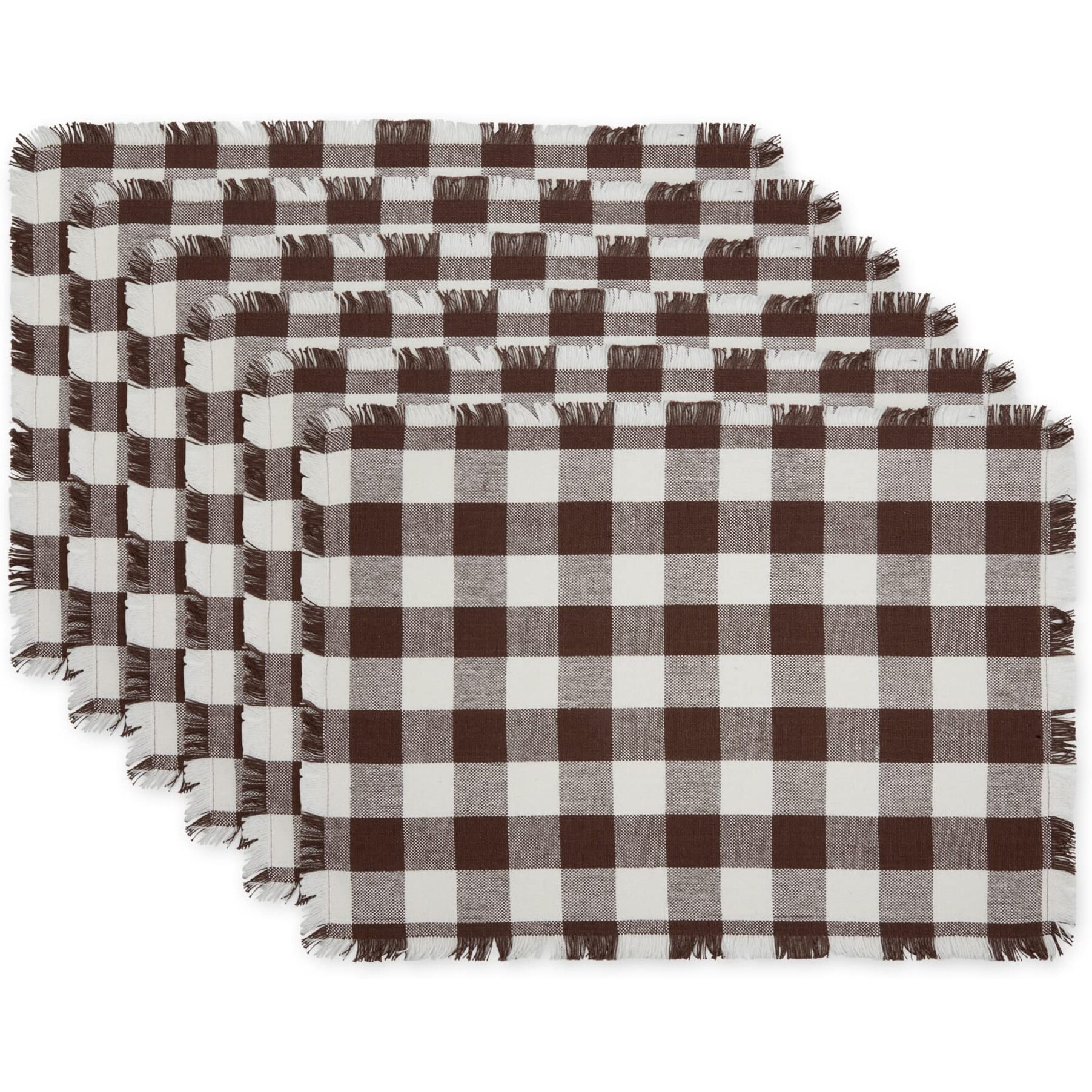 BARK BROWN HEAVYWEIGHT CHECK FRINGED PLACEMAT SET/6