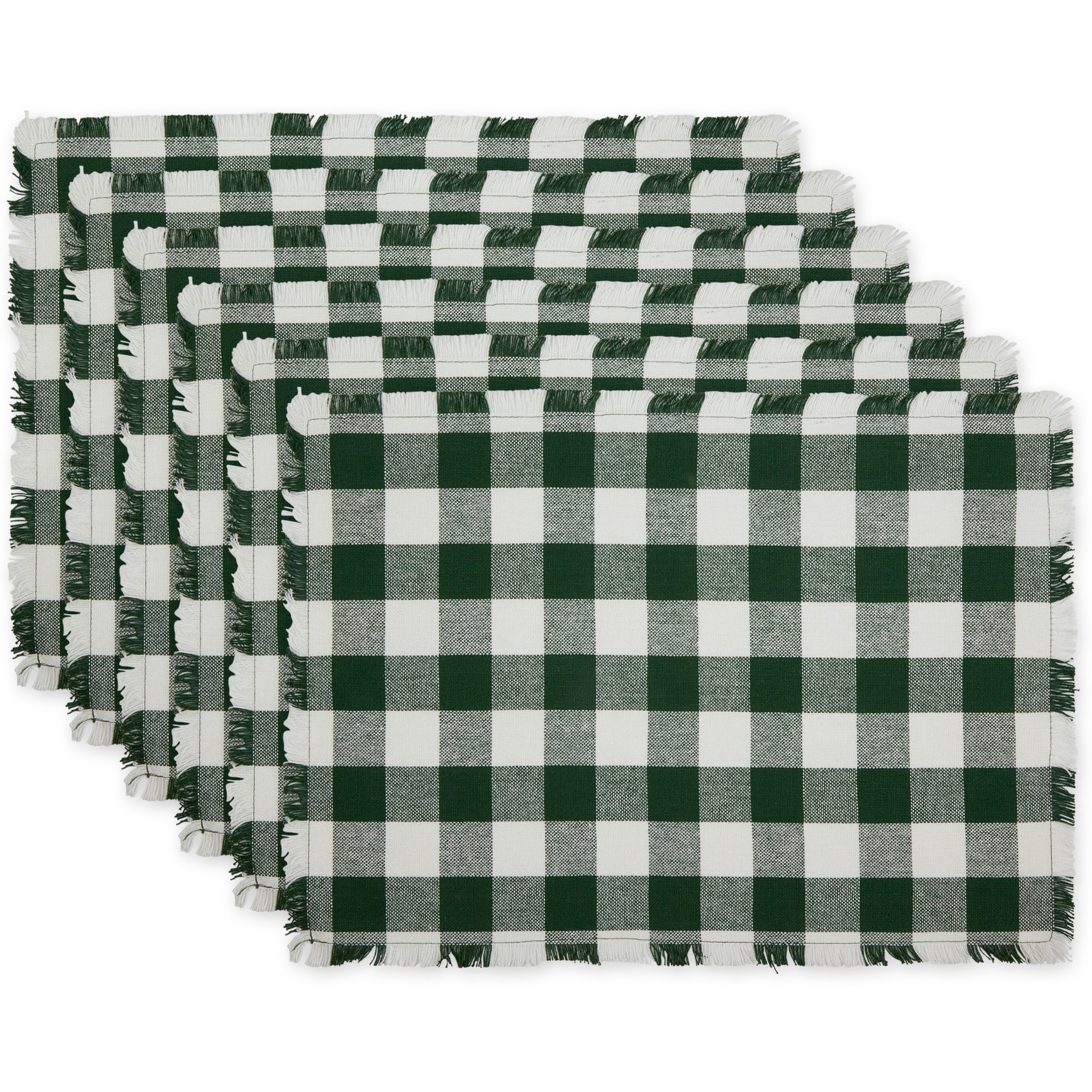 HUNTER GREEN  HEAVYWEIGHT CHECK FRINGED PLACEMAT SET/6