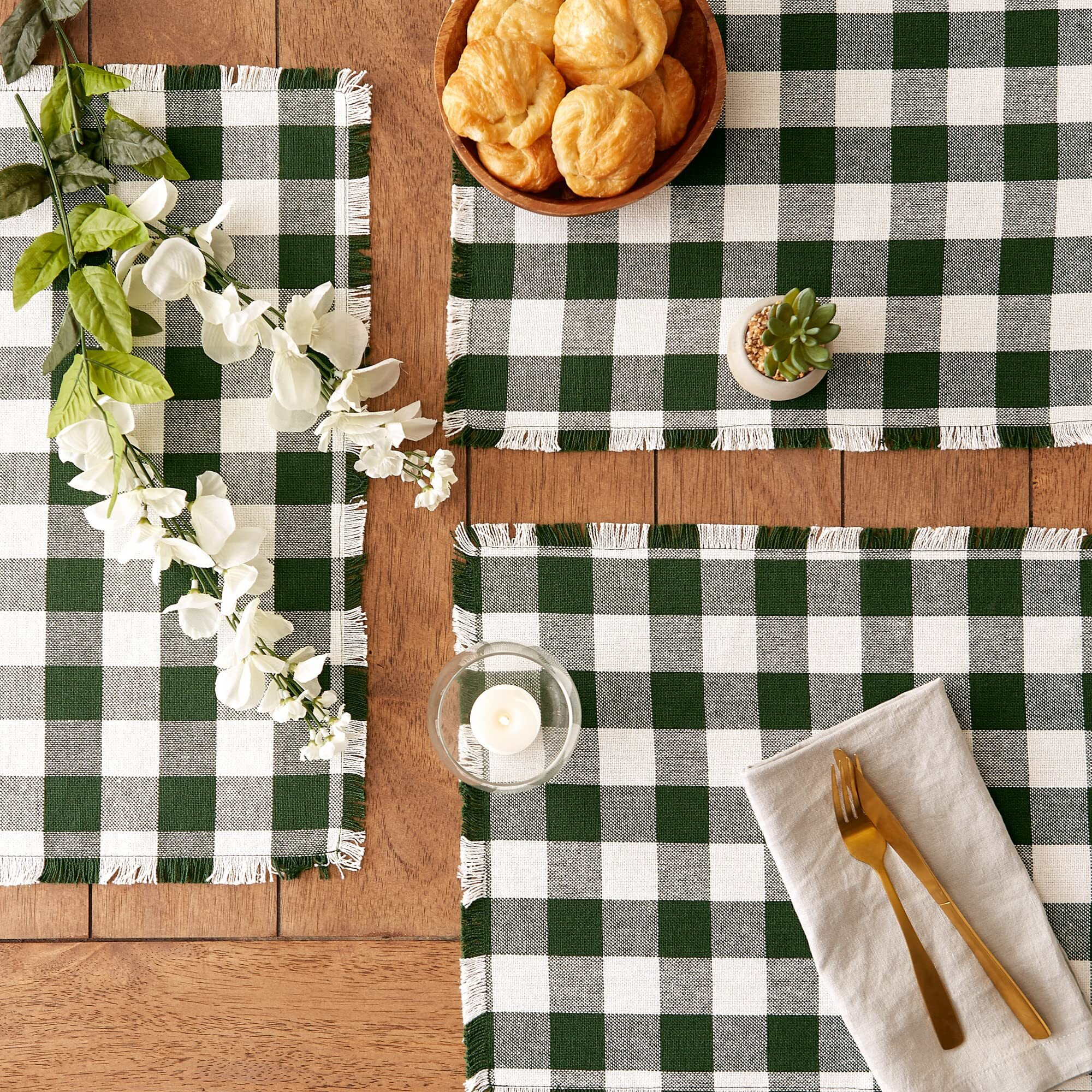 HUNTER GREEN  HEAVYWEIGHT CHECK FRINGED PLACEMAT SET/6