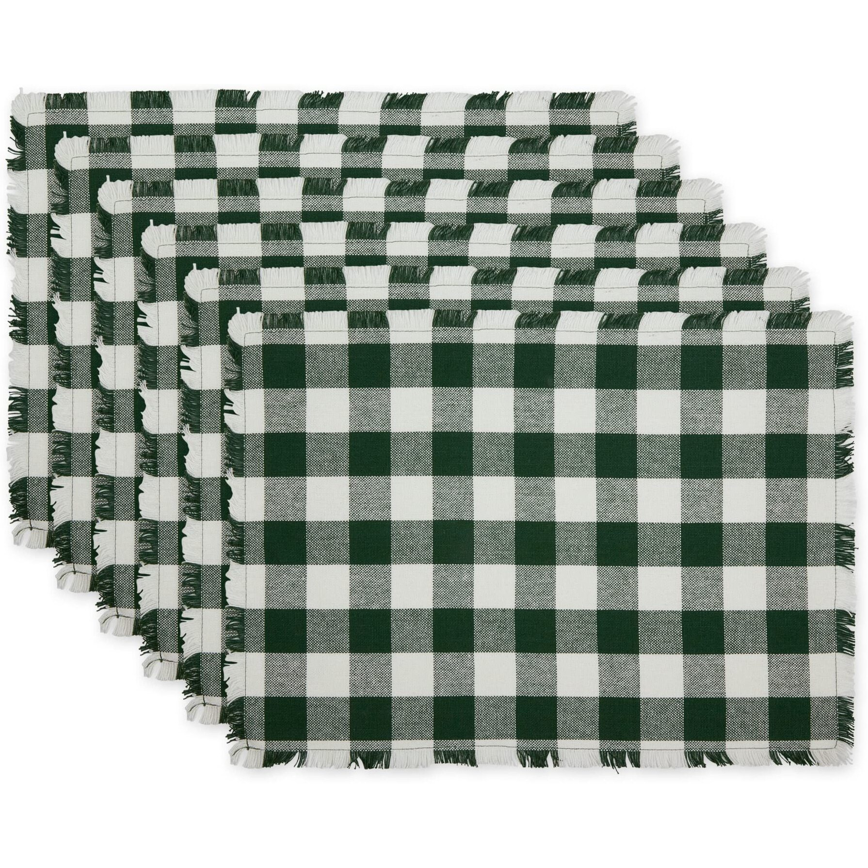 HUNTER GREEN  HEAVYWEIGHT CHECK FRINGED PLACEMAT SET/6
