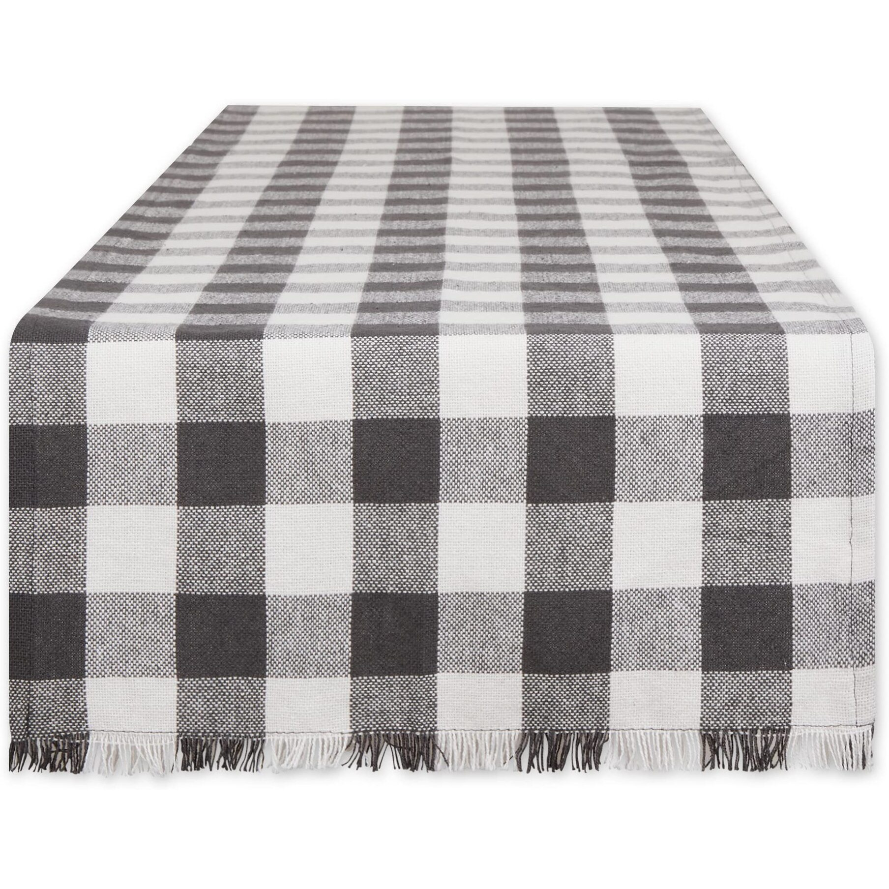MINERAL HEAVYWEIGHT CHECK FRINGED TABLE RUNNER 14x108