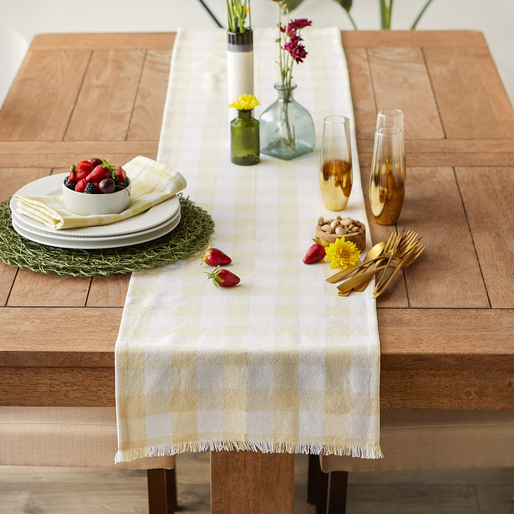 NATURAL HEAVYWEIGHT CHECK FRINGED TABLE RUNNER 14x108