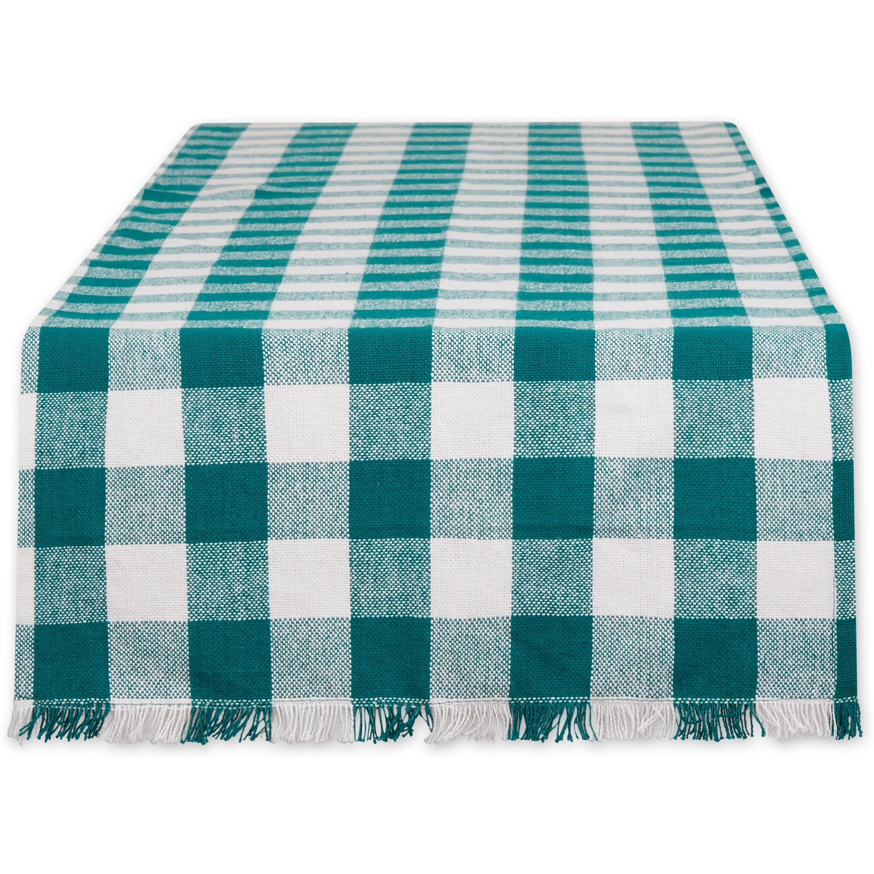 TEAL HEAVYWEIGHT CHECK FRINGED TABLE RUNNER 14x108