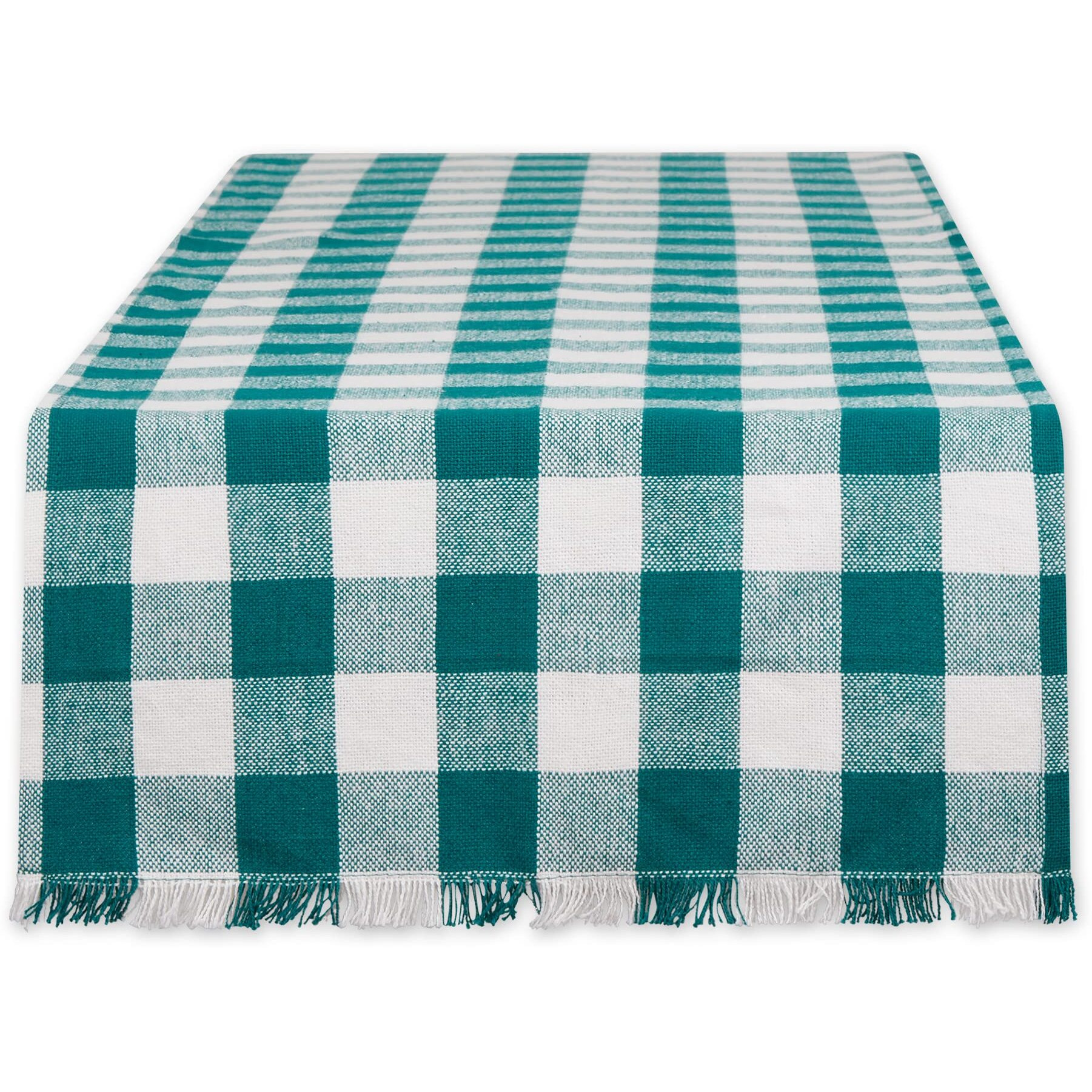 TEAL HEAVYWEIGHT CHECK FRINGED TABLE RUNNER 14x108