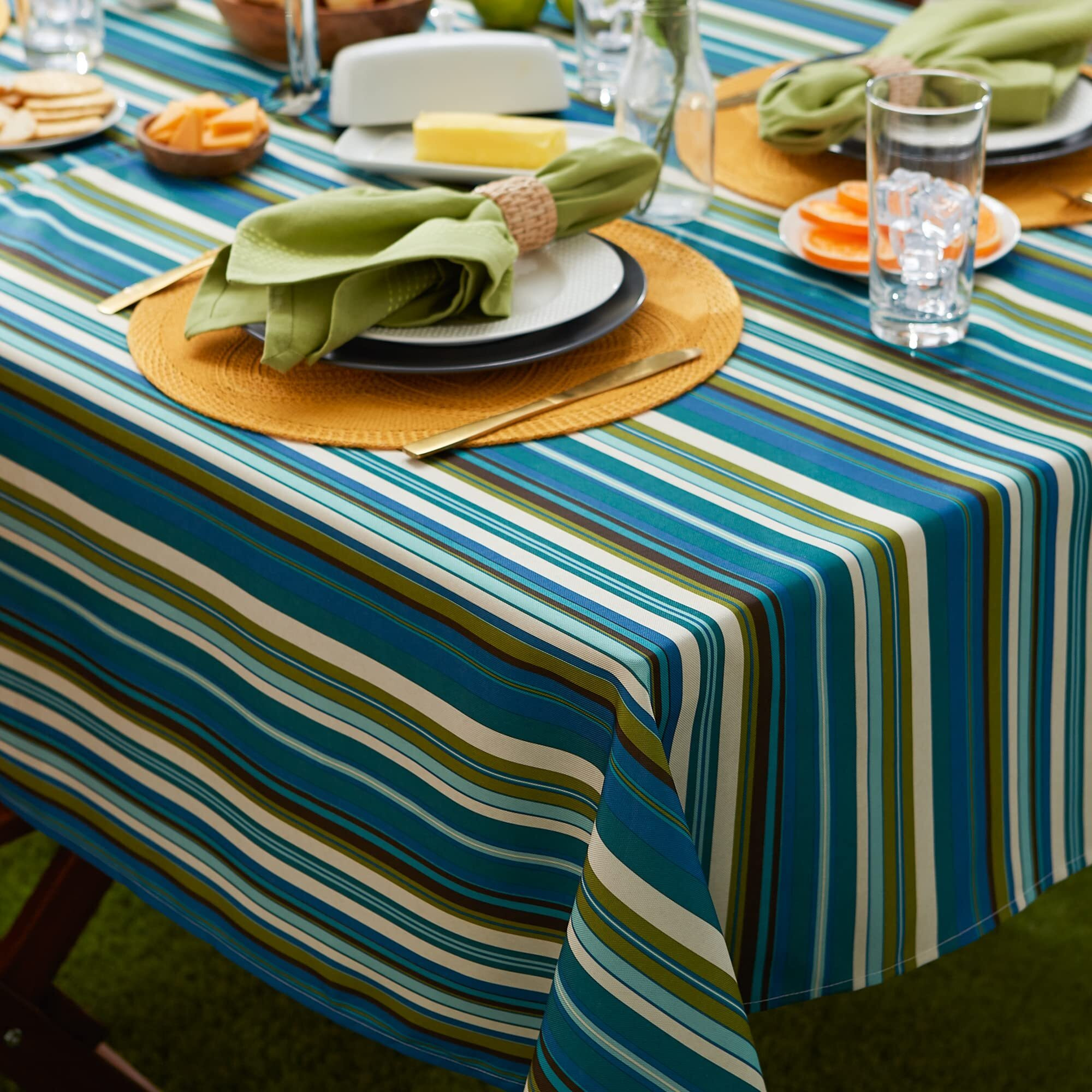 BEACHY STRIPE PRINT OUTDOOR TABLECLOTH 60 ROUND